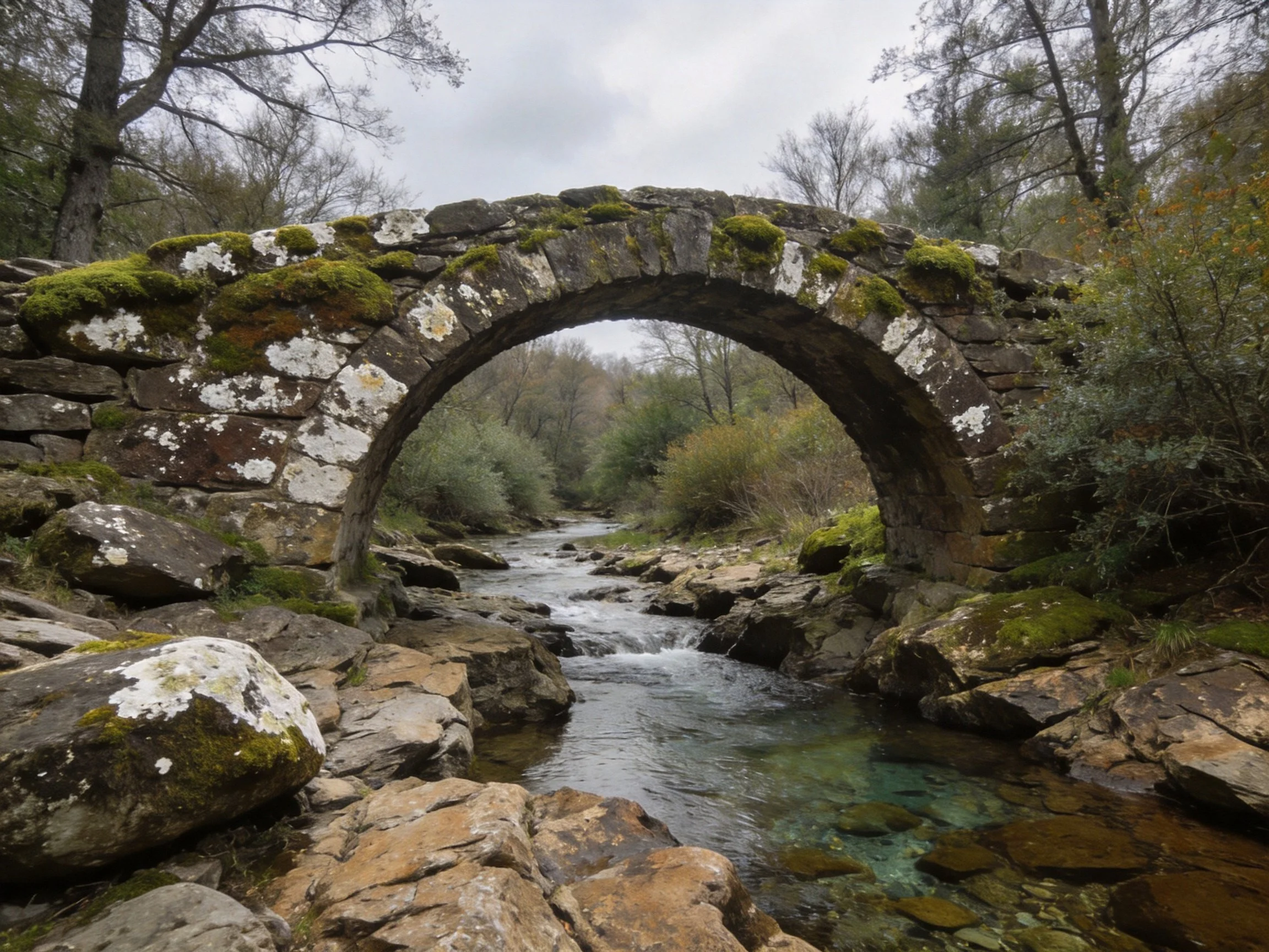 Ancient stone arch bridge spans mossy rocky stream