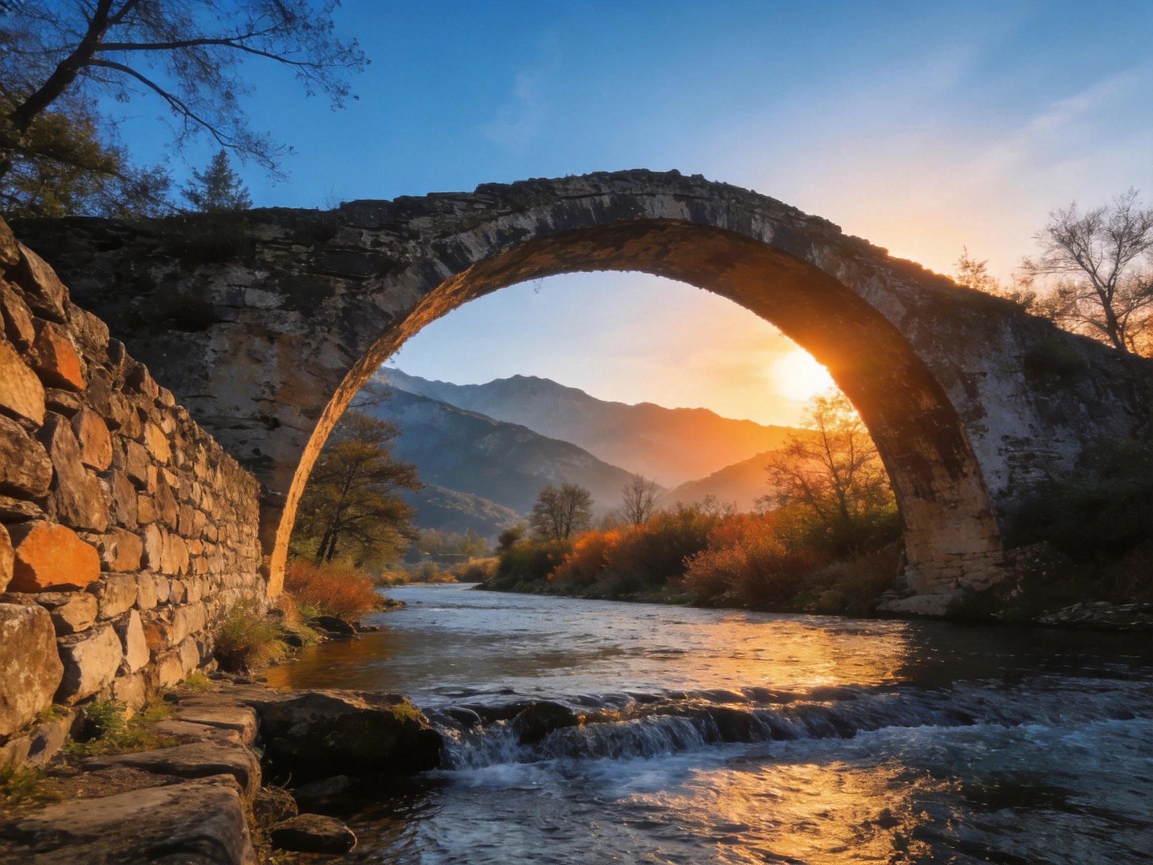 Ancient stone arch bridge spans rushing river at golden sunset