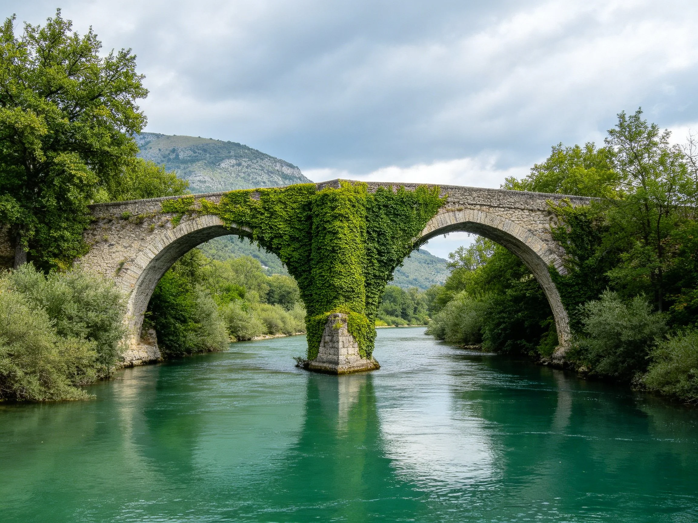 Ancient stone arch bridge with ivy spanning turquoise water
