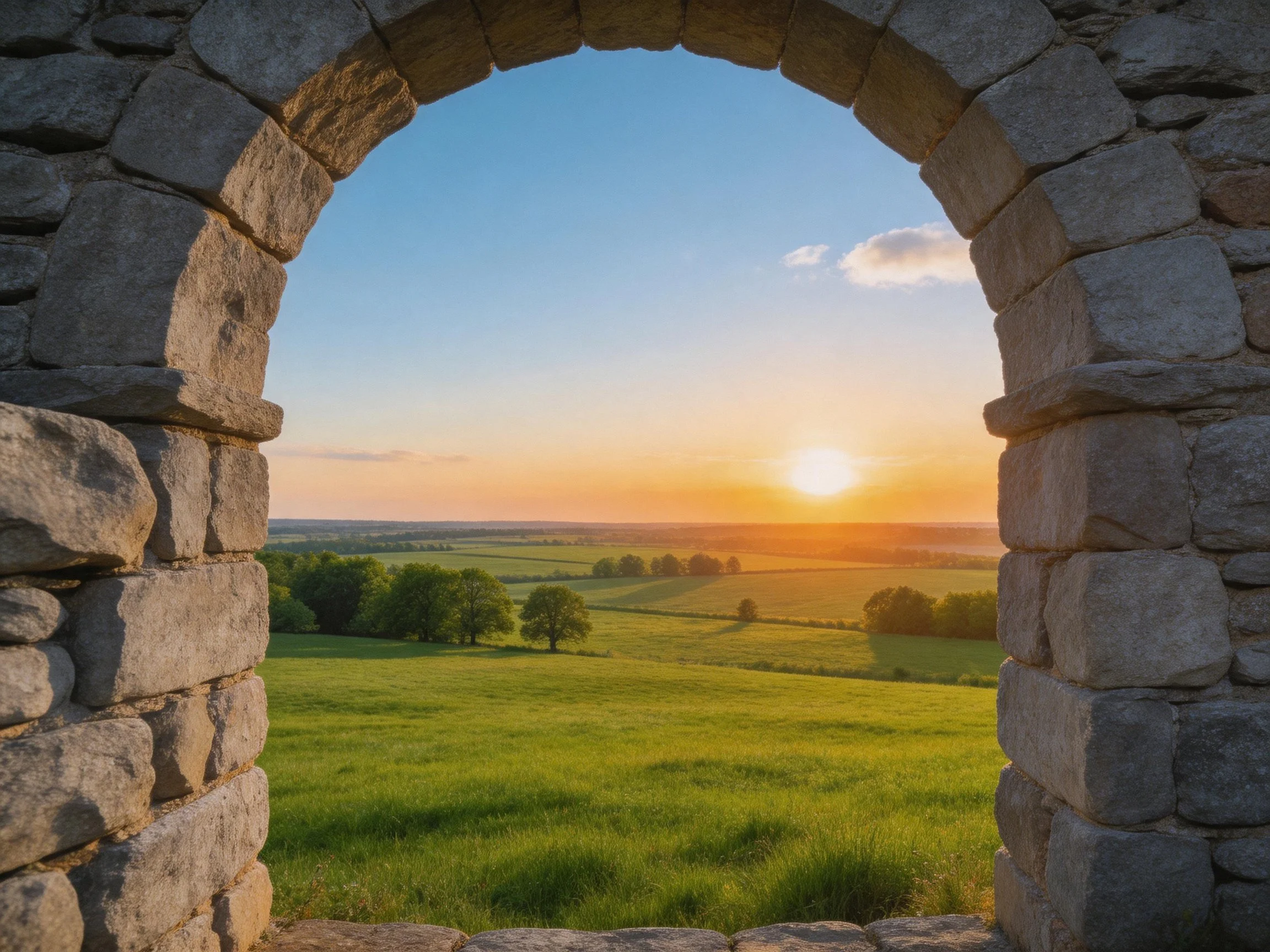 Ancient stone arch frames golden sunset over green countryside