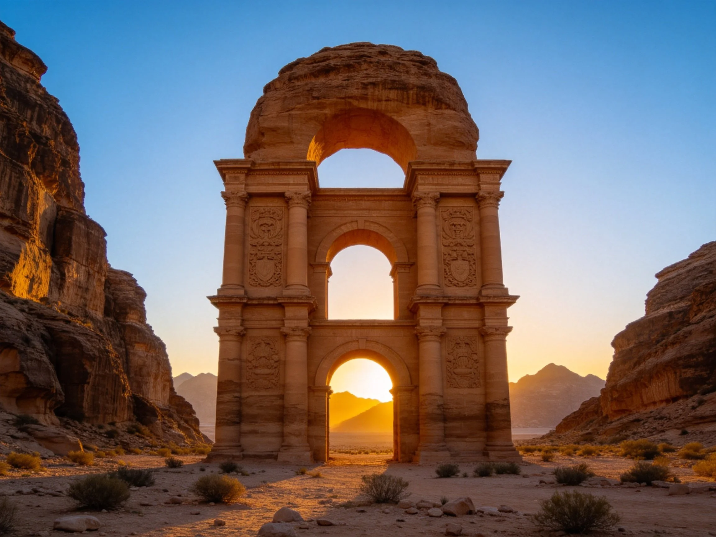 Ancient stone arches stand in a desert canyon at golden hour