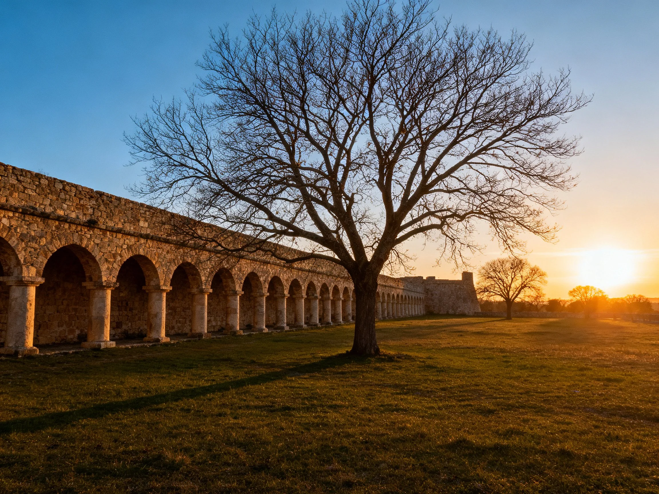 Ancient stone archway with colonnade near a bare tree at sunset
