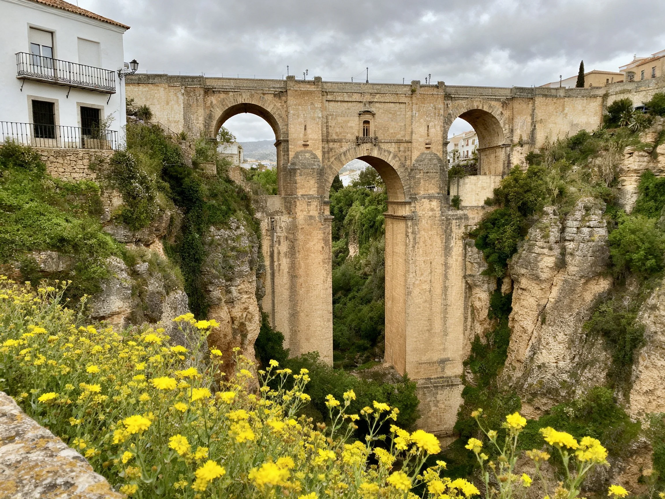 Ancient stone bridge spans cliffside canyon with yellow wildflowers