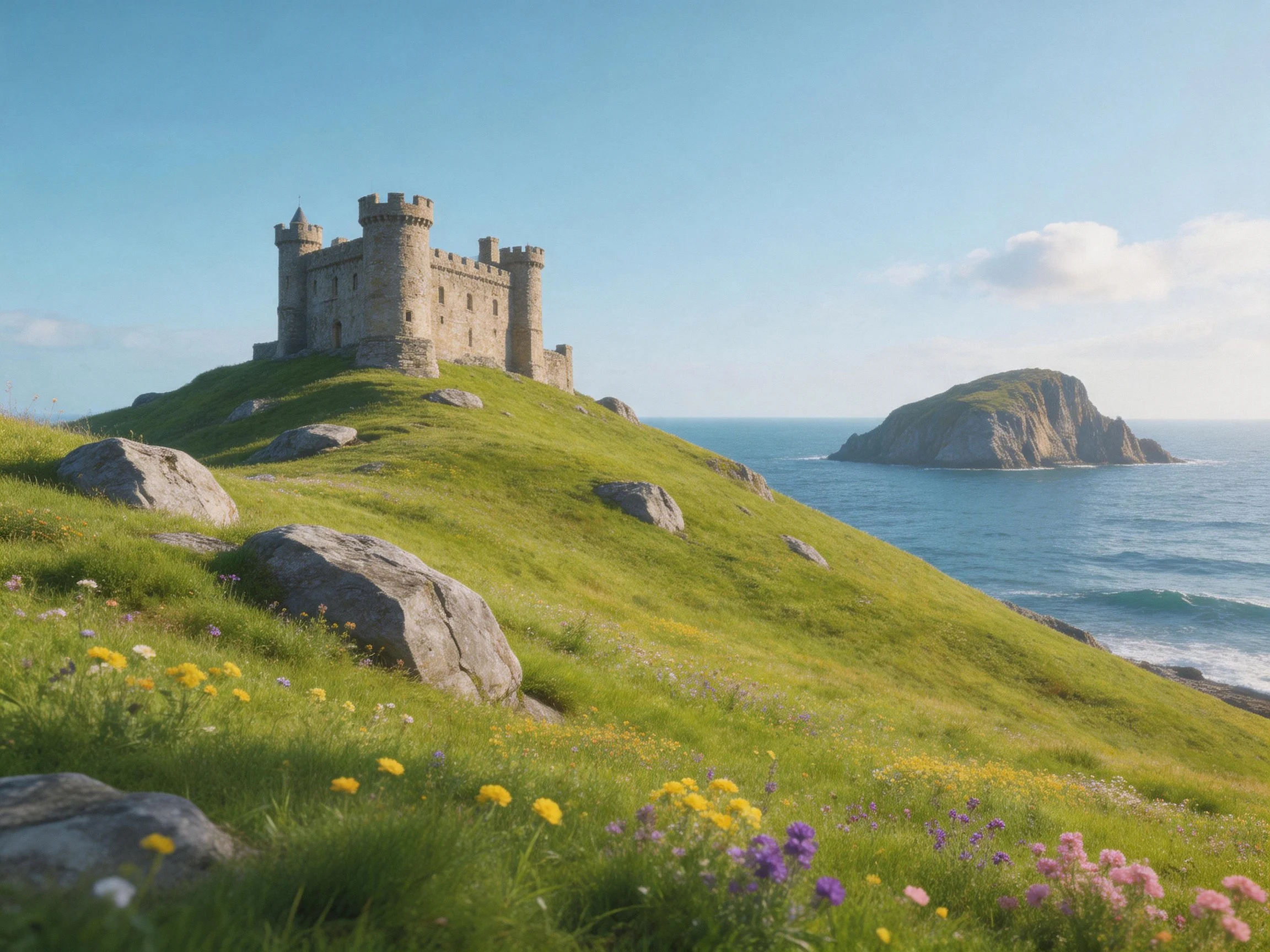 Ancient stone castle atop a lush coastal hillside