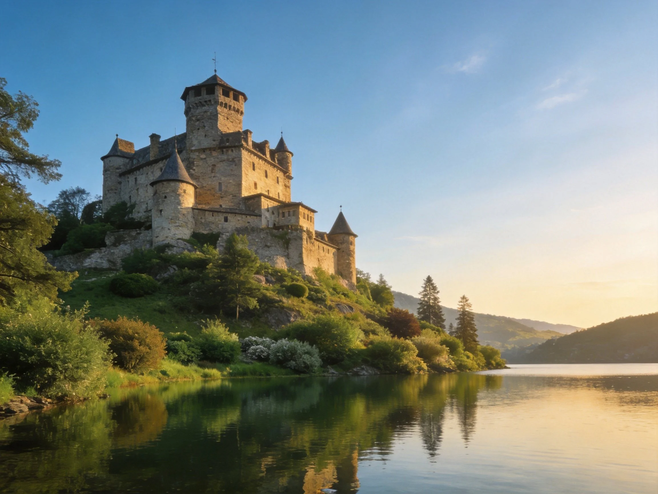 Ancient stone castle atop a verdant hill by tranquil lakeside