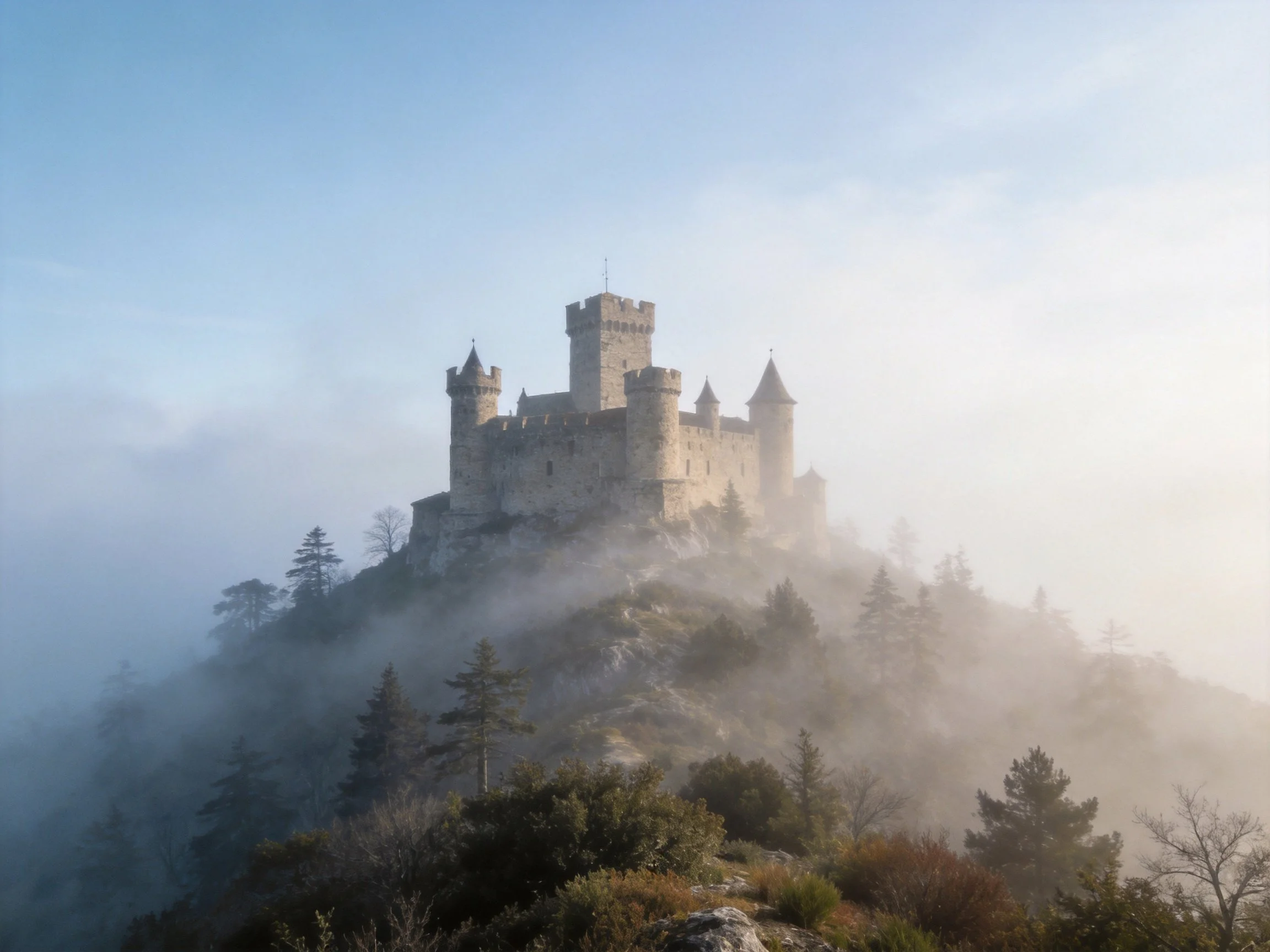 Ancient stone castle atop mist-shrouded mountain peak with surrounding trees