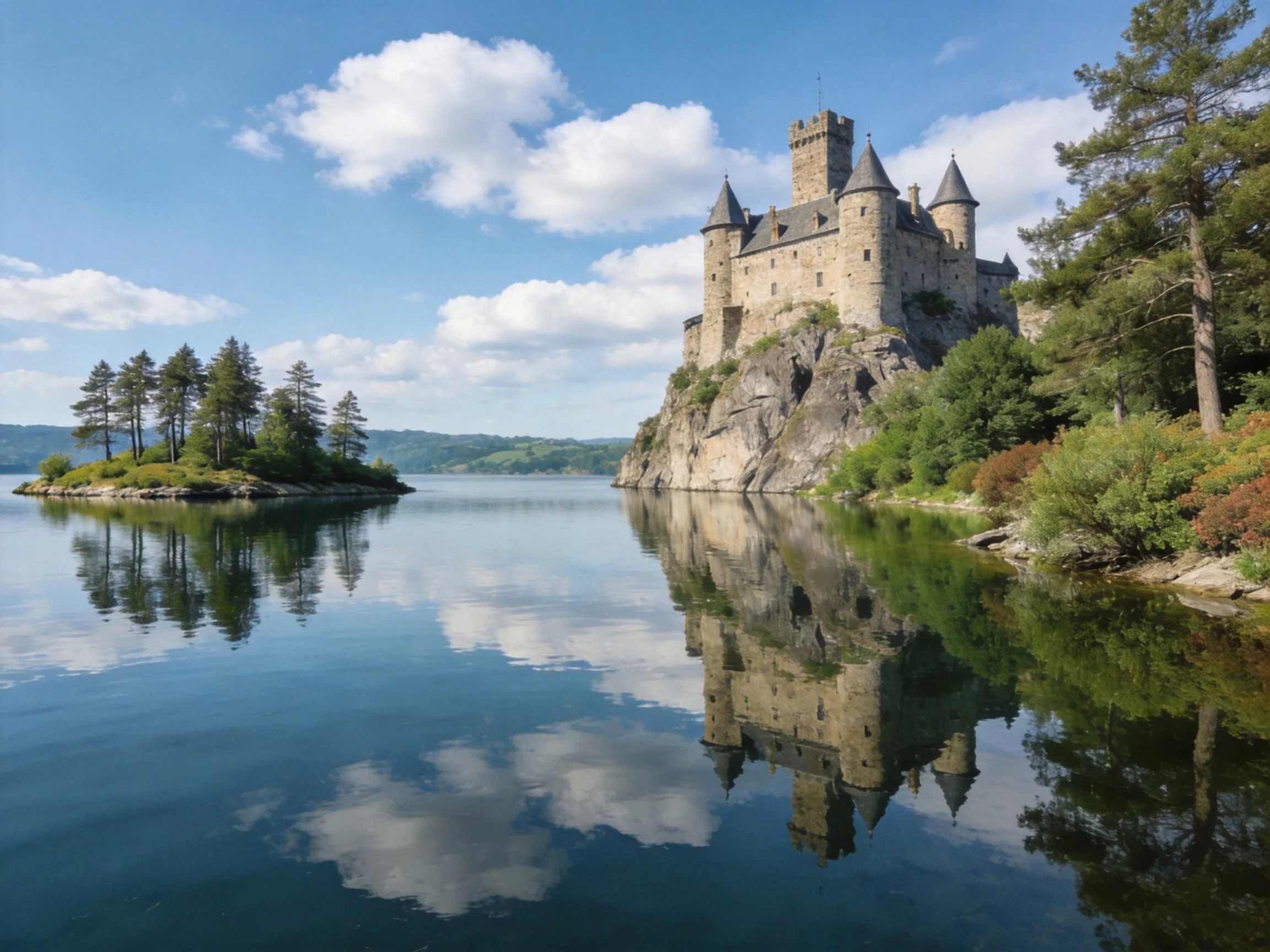 Ancient stone castle atop rocky cliff by serene lake