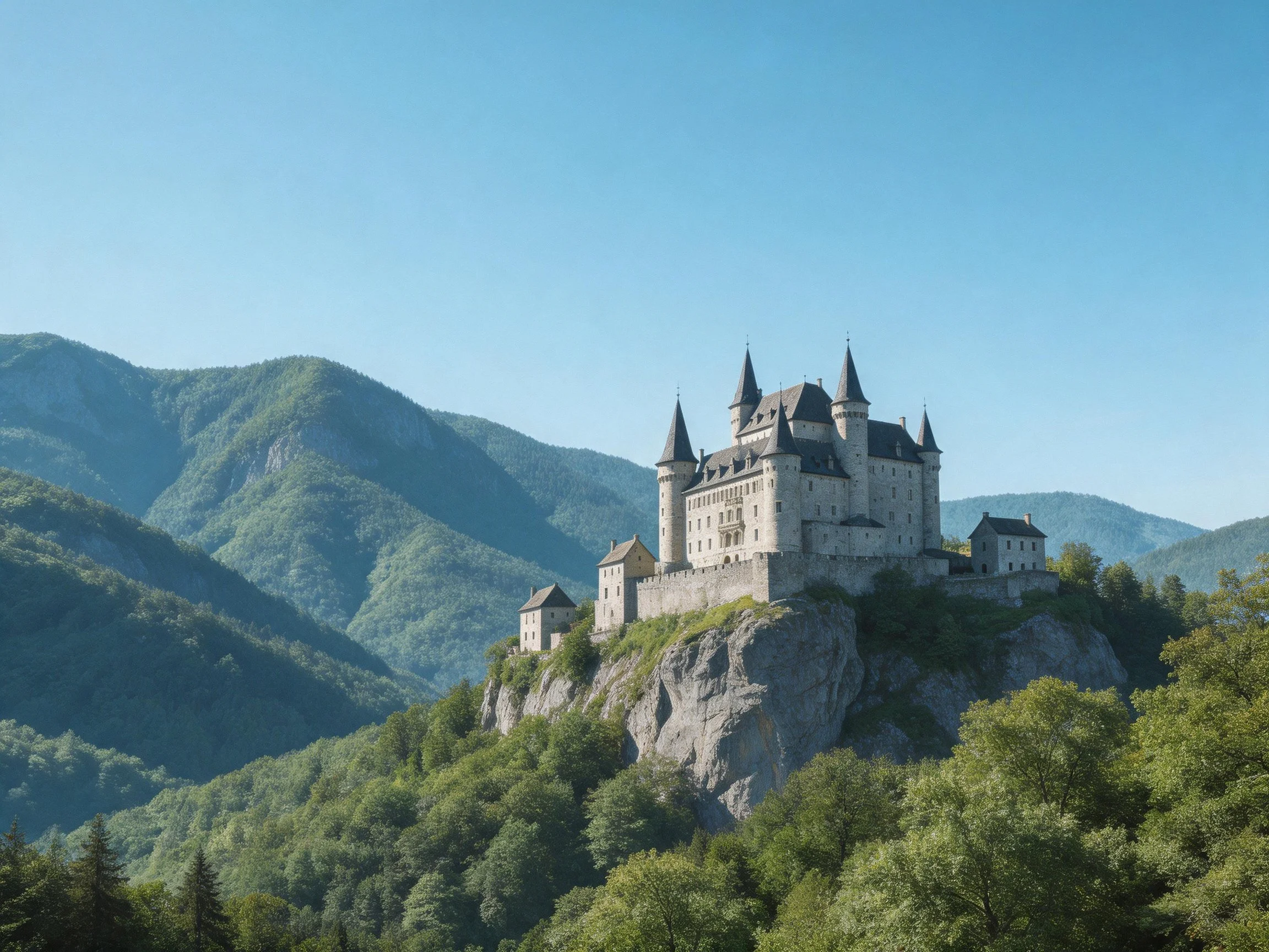 Ancient stone castle on rocky cliff with green mountain surroundings