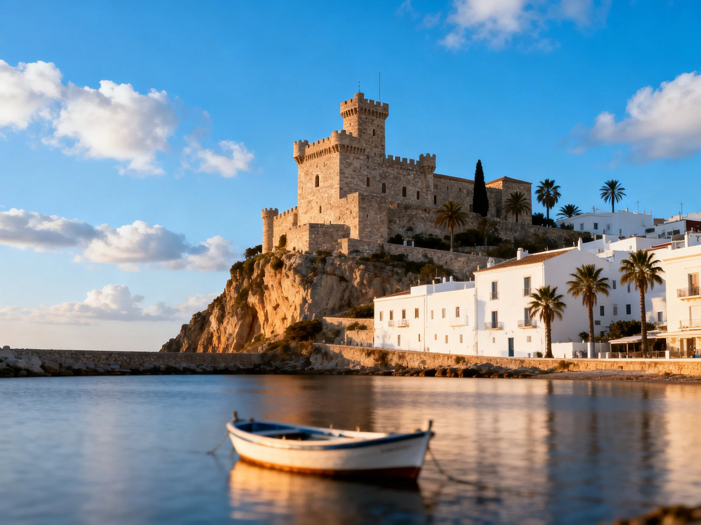 Ancient stone castle overlooks coastal town by calm sea