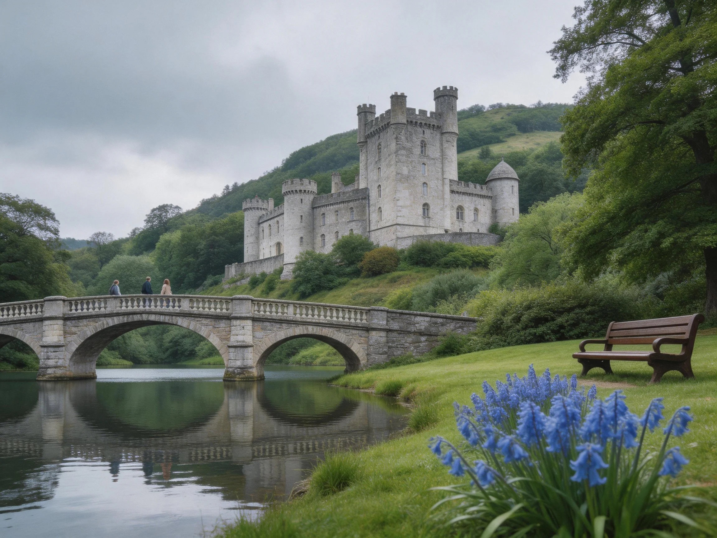 Ancient stone castle overlooks river with arched bridge and blue flowers