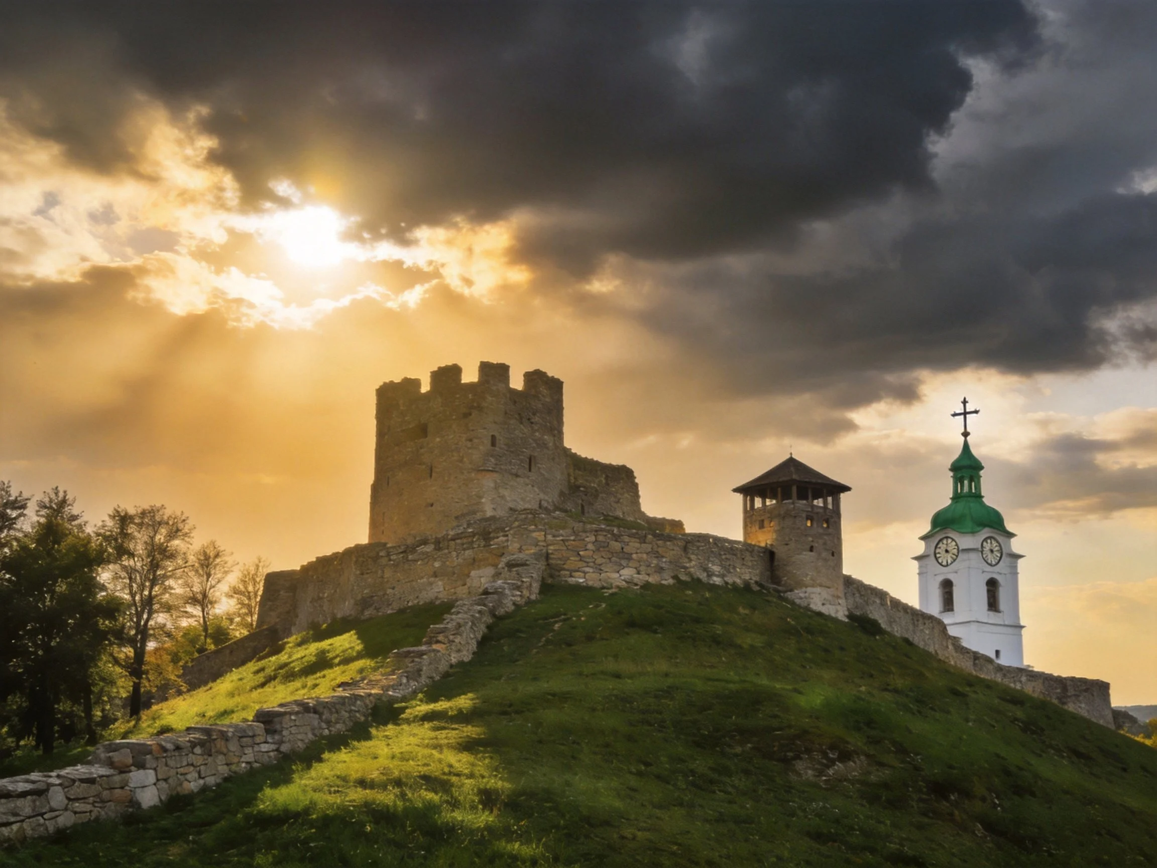 Ancient stone castle ruins beside a green-roofed church tower under dramatic sunset skies
