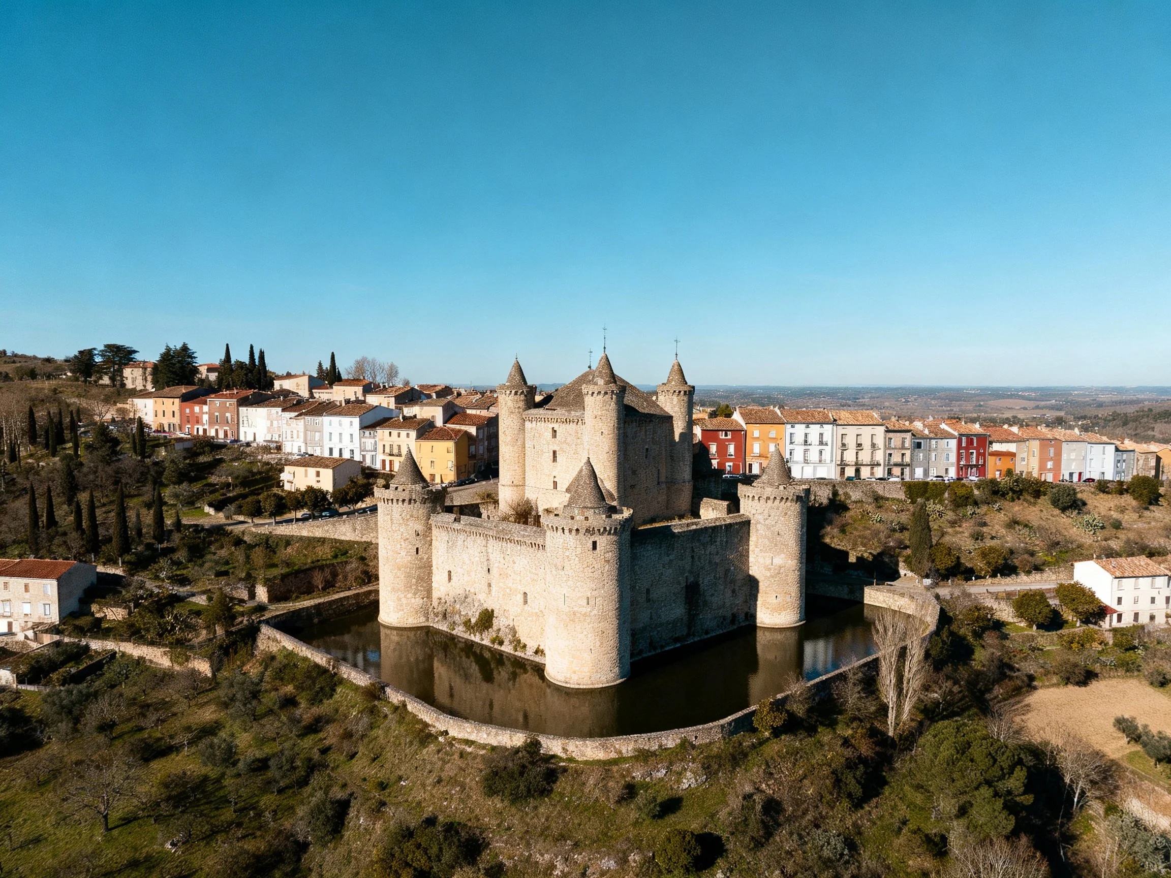 Ancient stone castle with towers near colorful town under clear blue sky