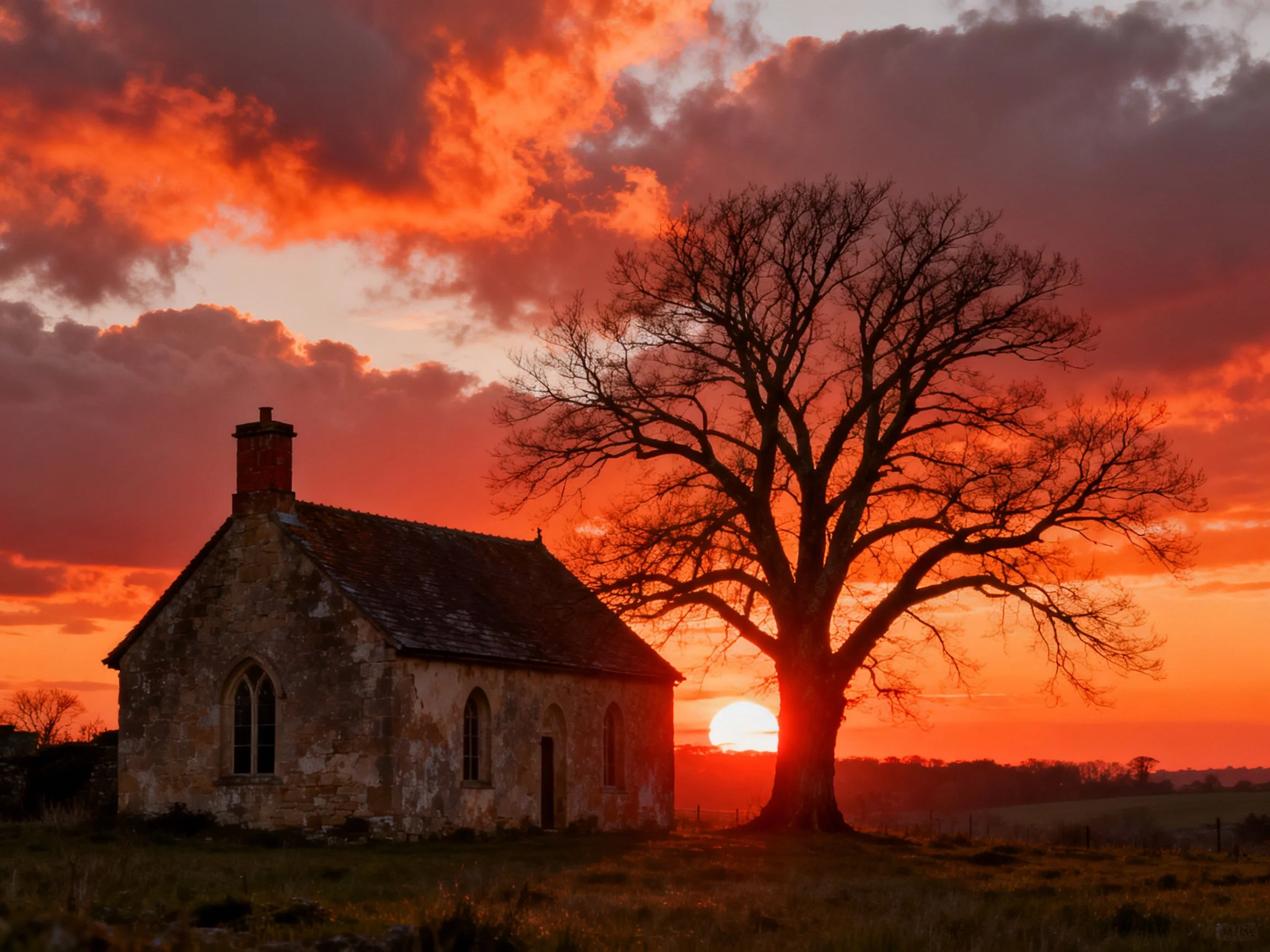 Ancient stone chapel beside bare tree under vibrant sunset sky