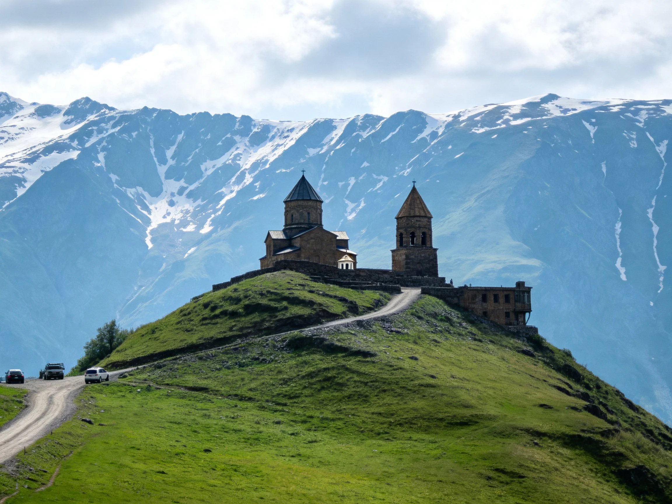 Ancient stone church atop green hill with snow-capped mountains