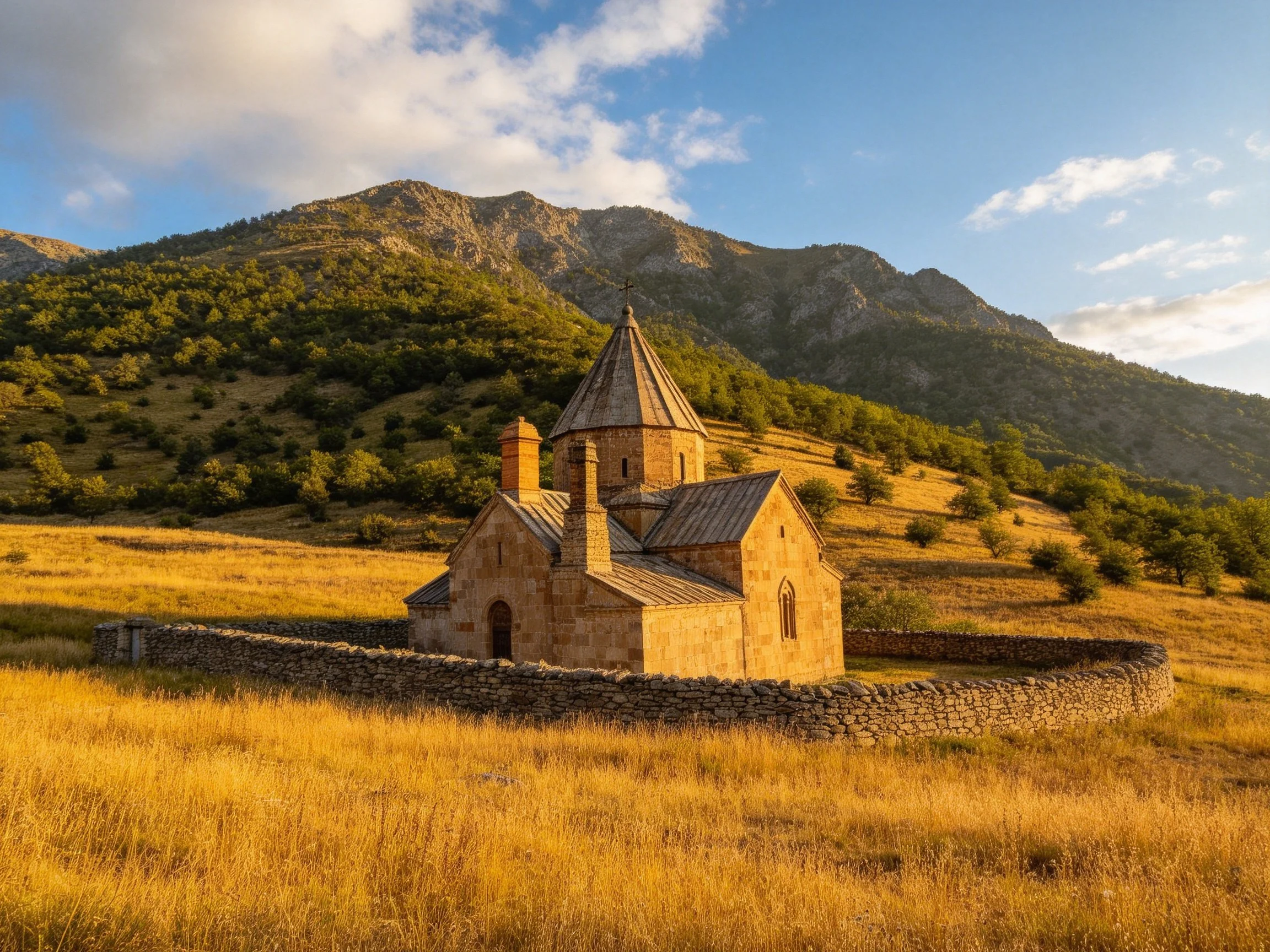 Ancient stone church in golden fields near forested mountains