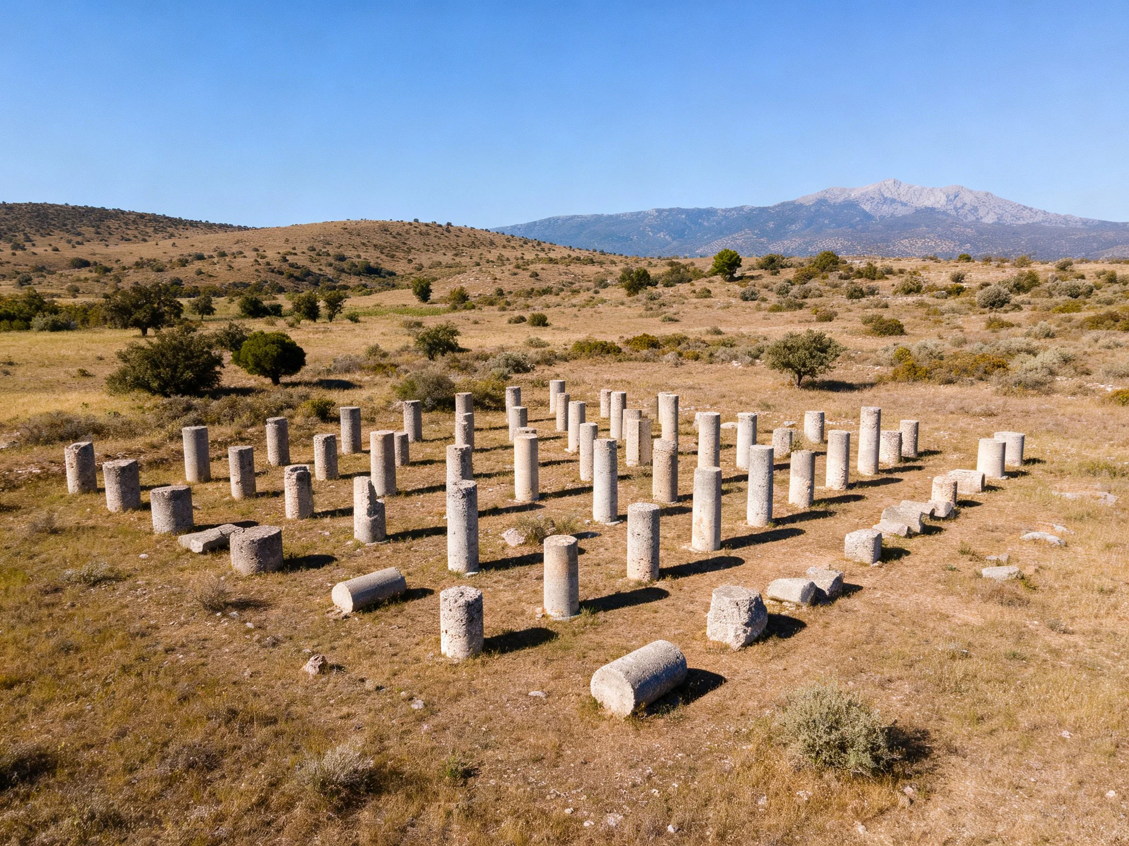 Ancient stone columns scattered in a dry, open field near rolling hills