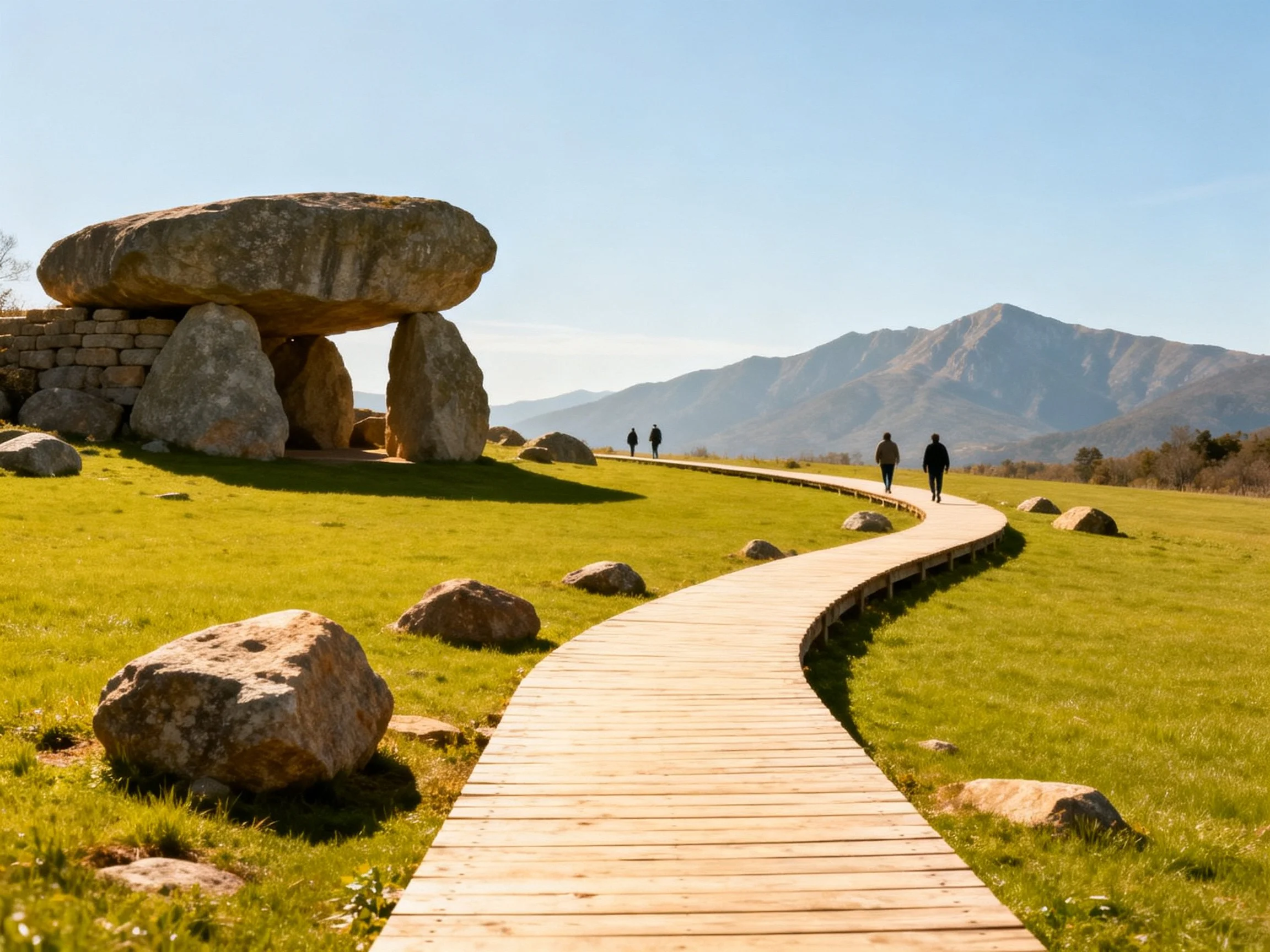 Ancient stone dolmen beside curved wooden pathway with distant mountains