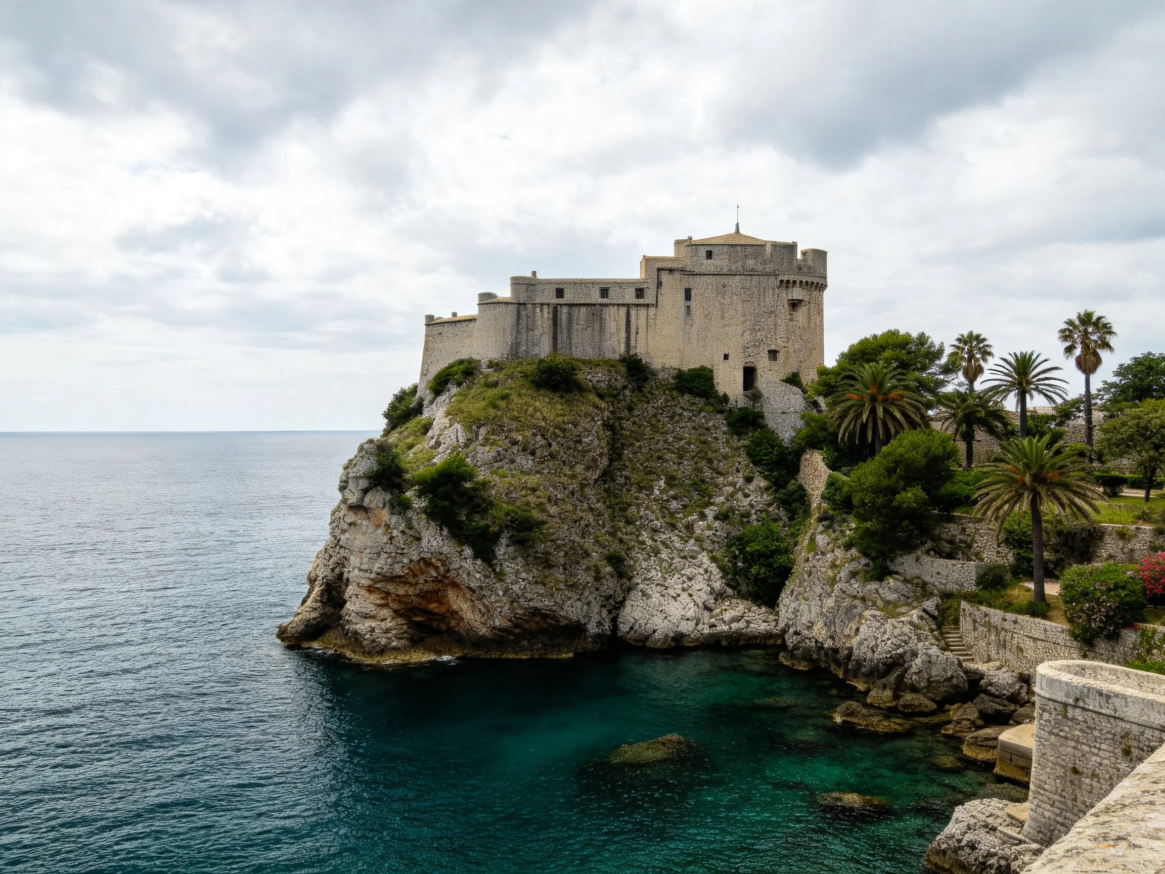 Ancient stone fortress atop rugged coastal cliff by turquoise waters