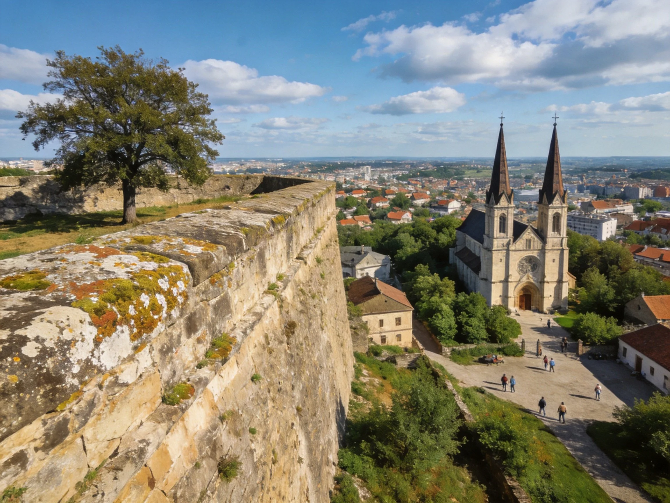 Ancient stone fortress overlooks town with Gothic church towers