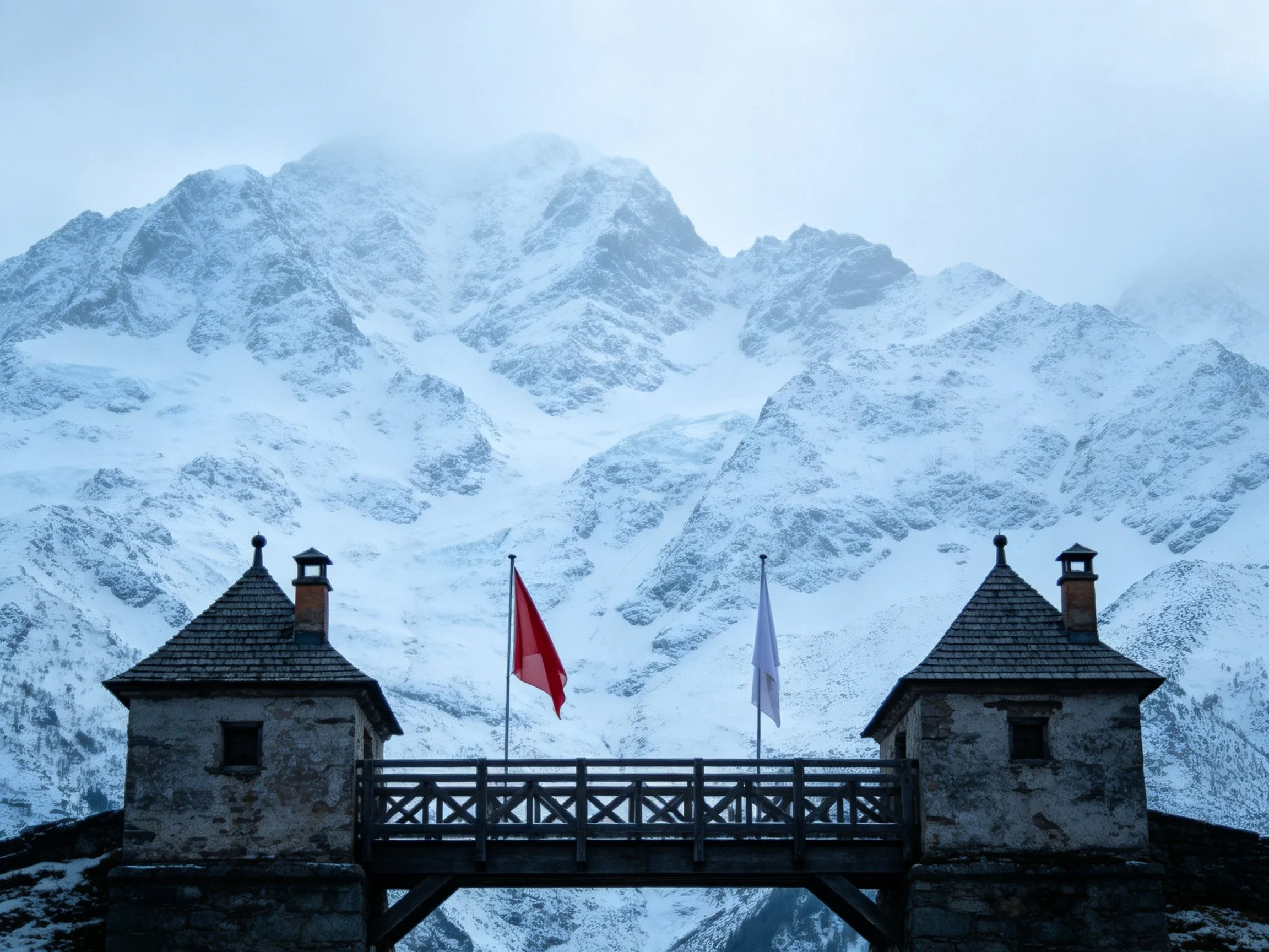 Ancient stone gateway with red flag against towering snowy mountains