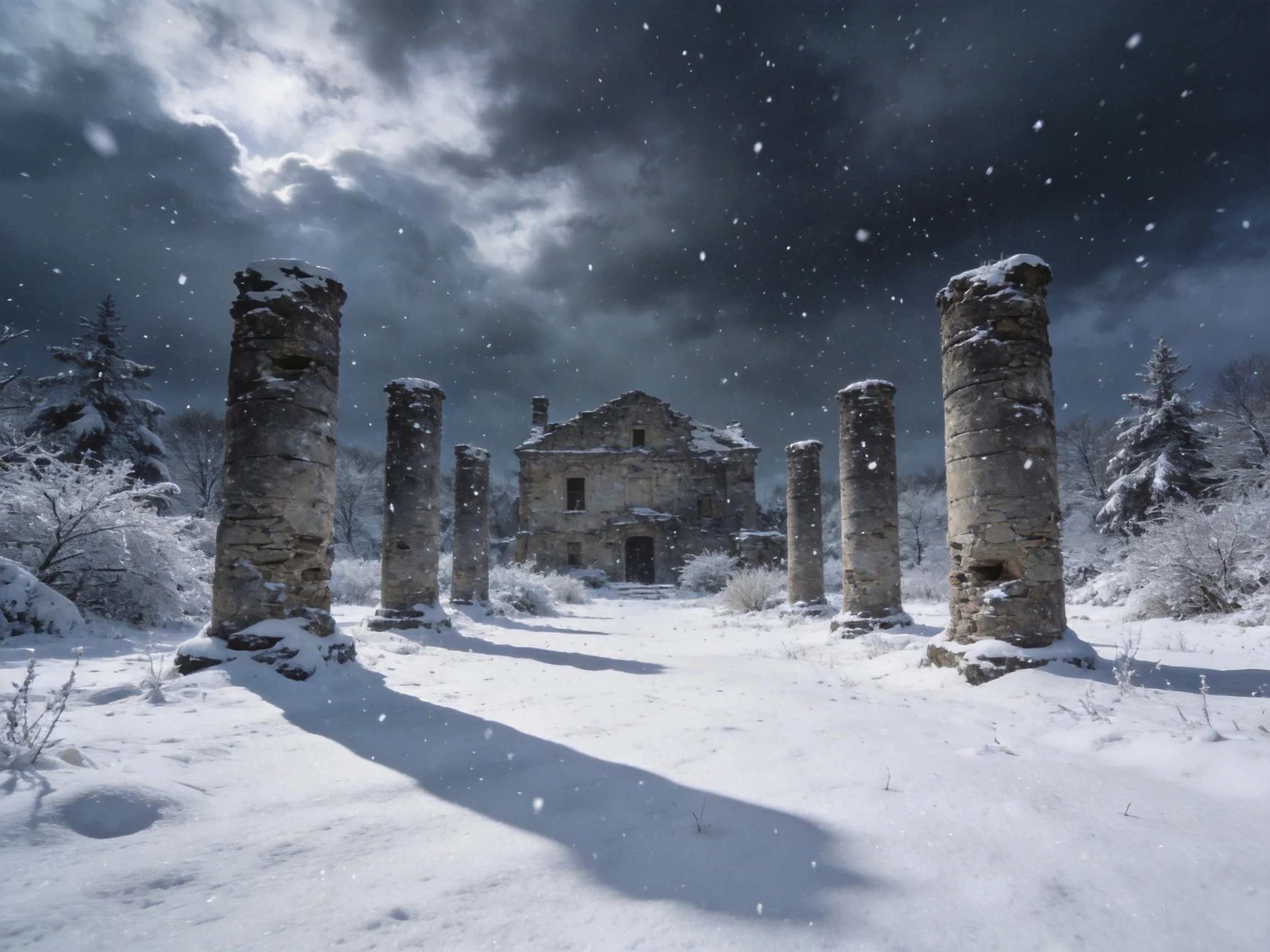 Ancient stone ruins amid snowstorm with dark clouds