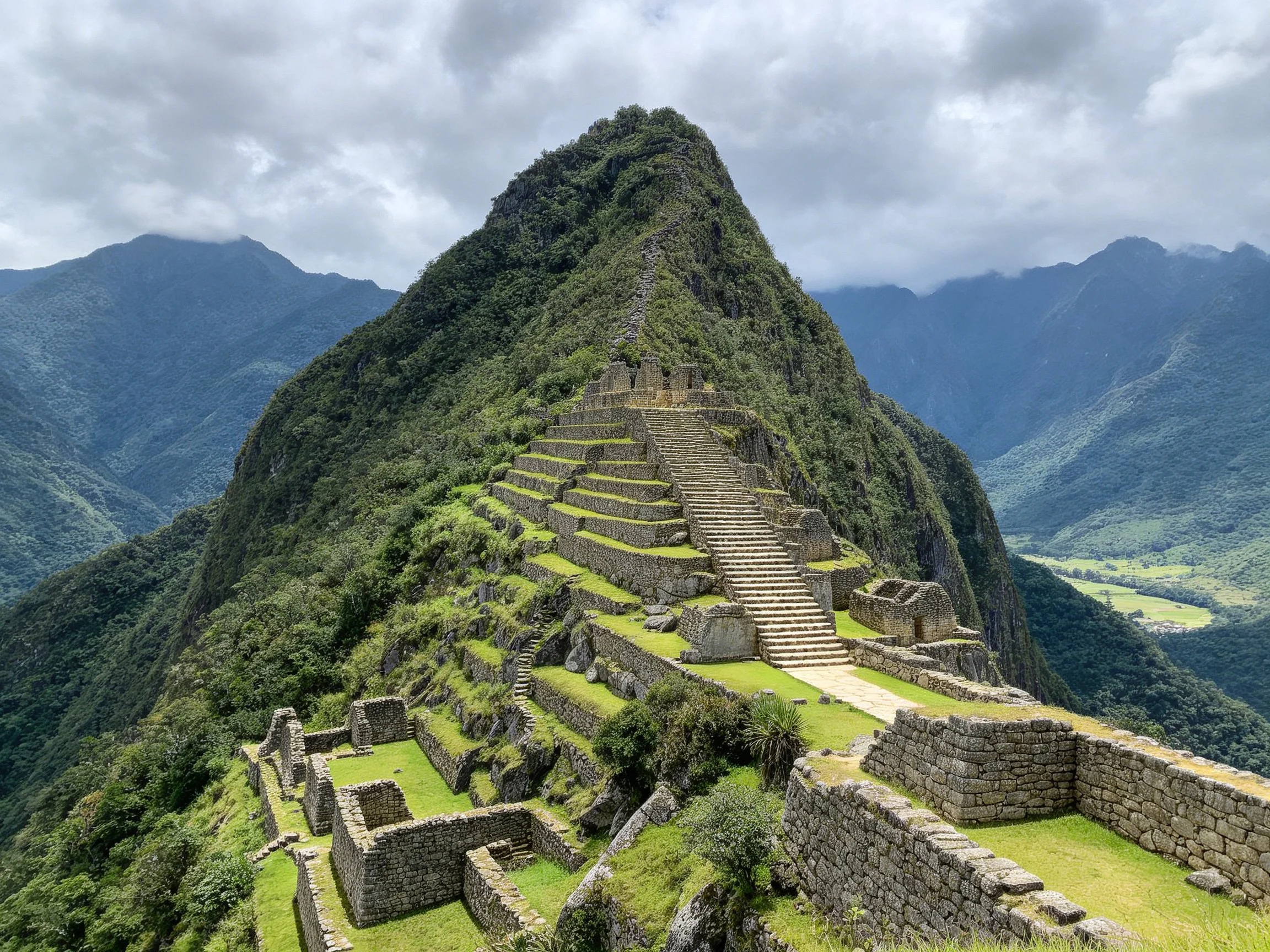Ancient stone ruins atop a lush green mountain peak