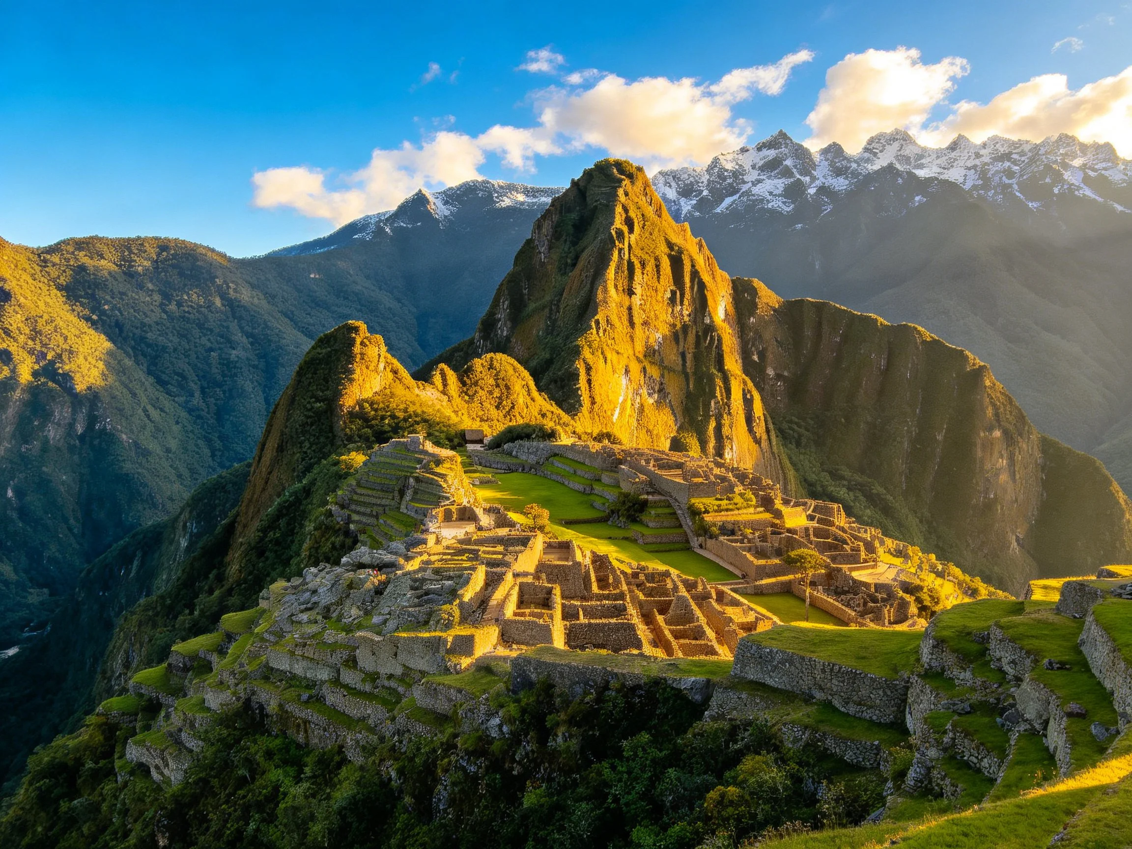 Ancient stone ruins illuminated by golden sunlight atop mountain ridge