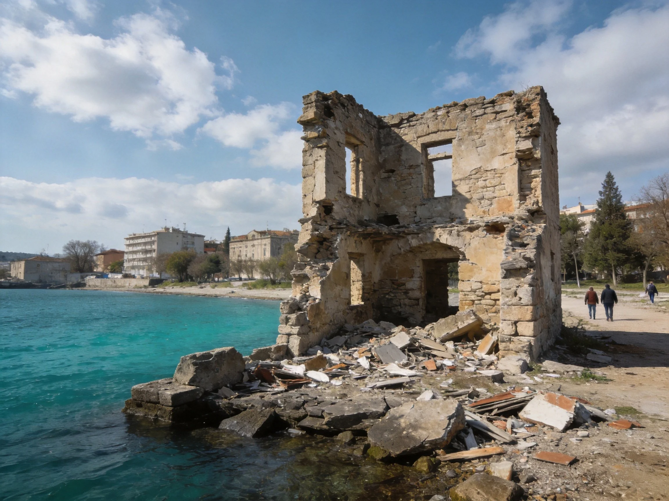 Ancient stone ruins with scattered debris by turquoise coastal shoreline