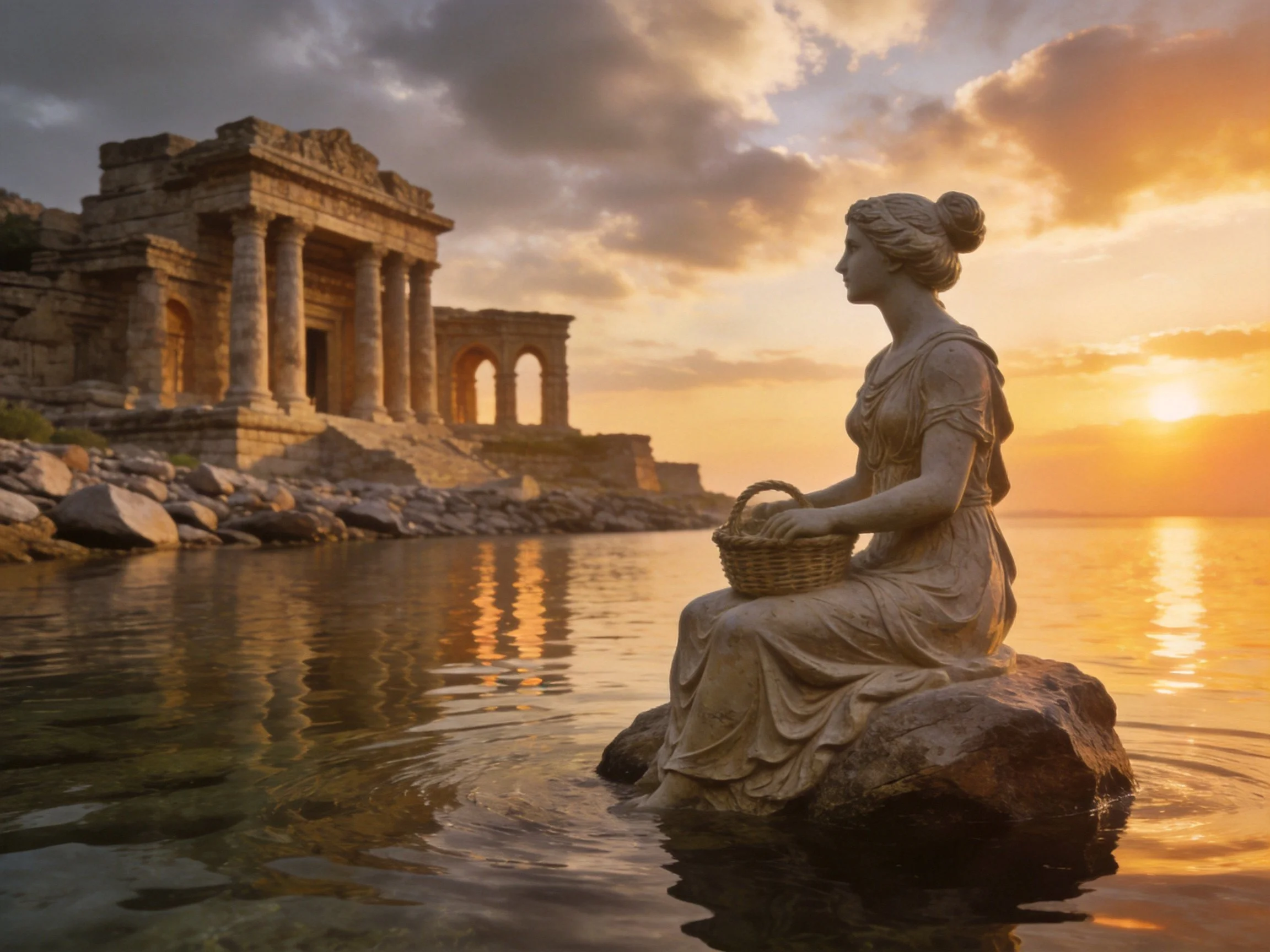 Ancient stone temple by water with a seated statue at sunset