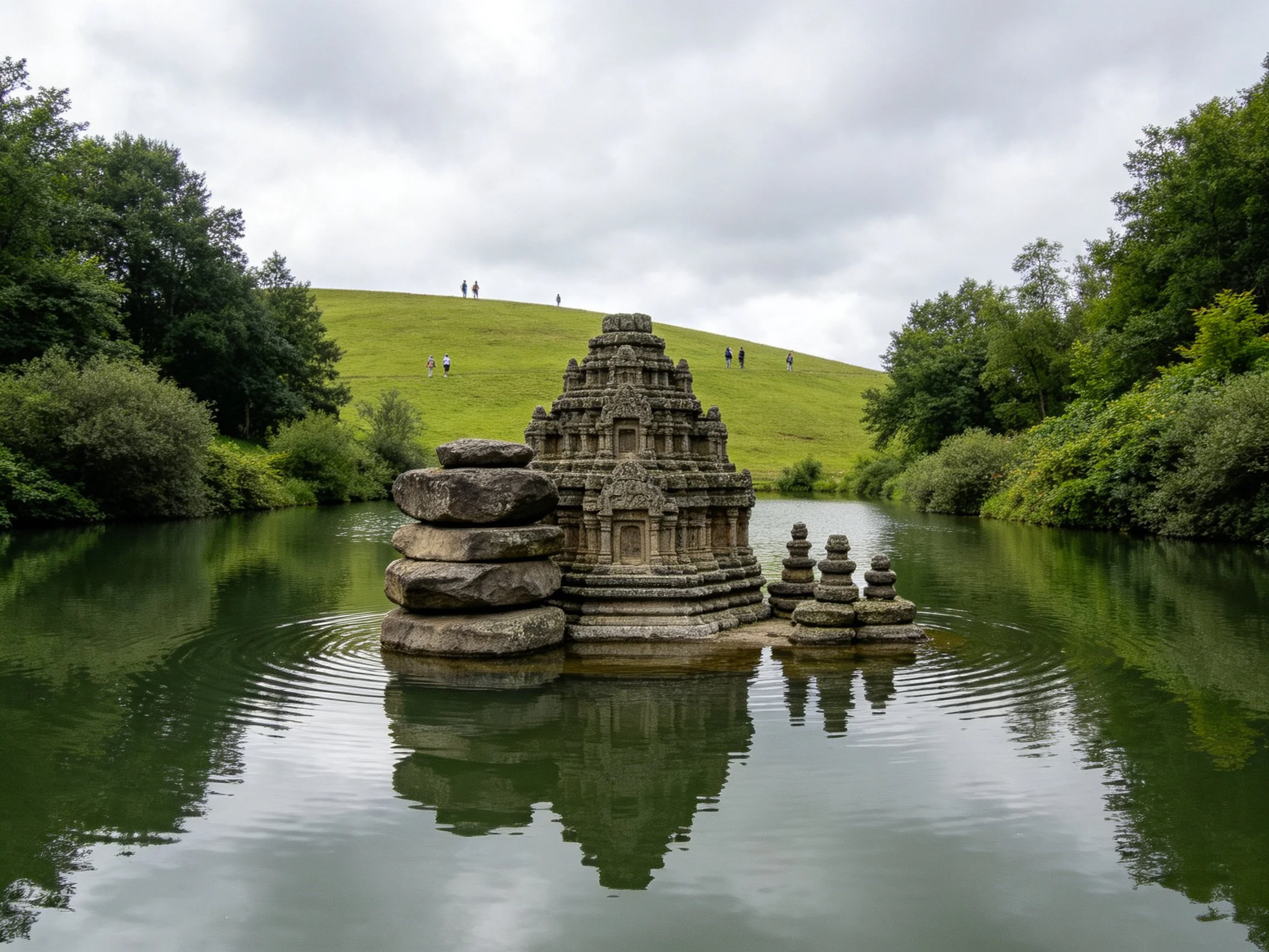 Ancient stone temple complex partially submerged in calm green waters