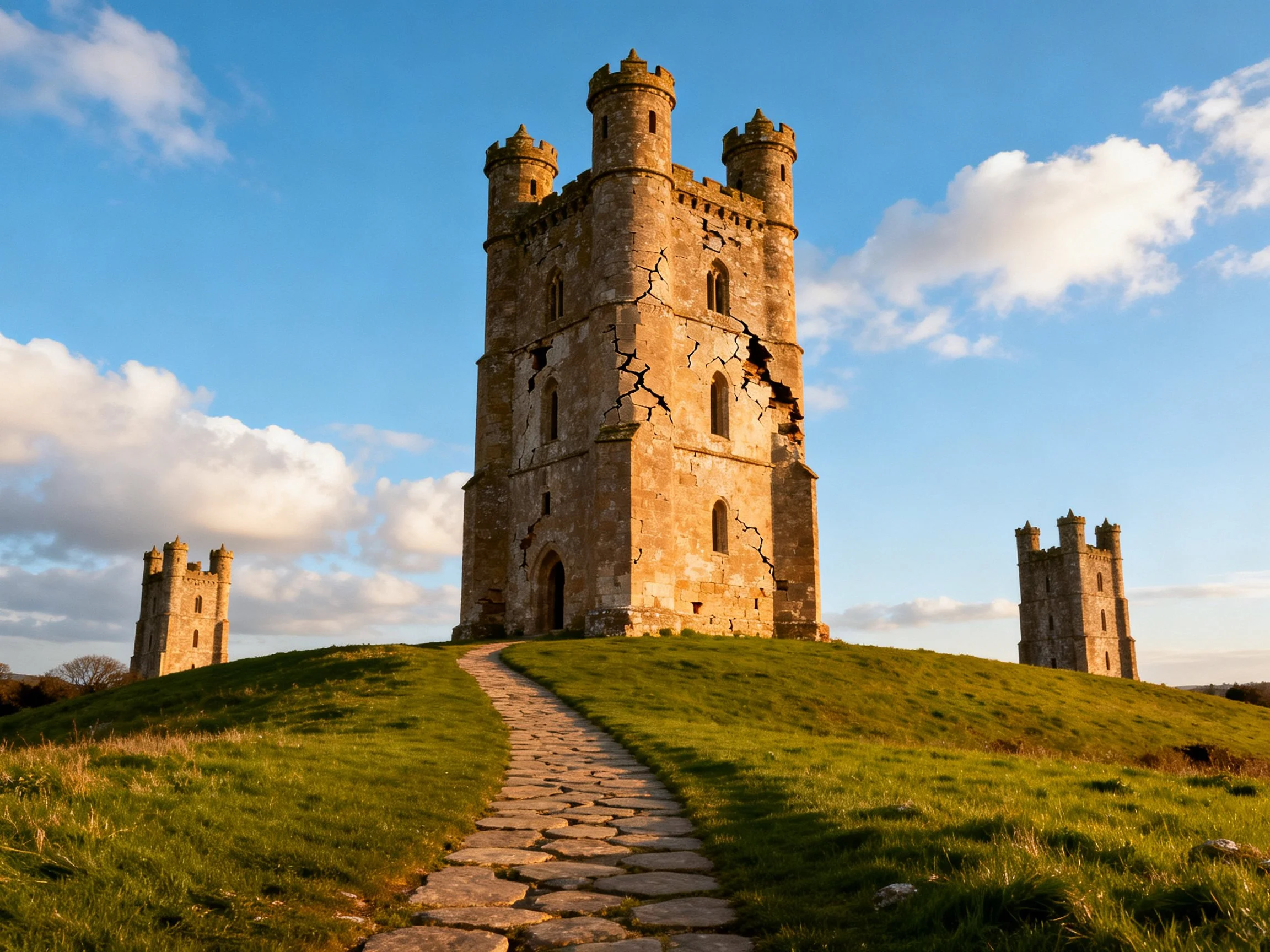 Ancient stone tower complex on a grassy hilltop