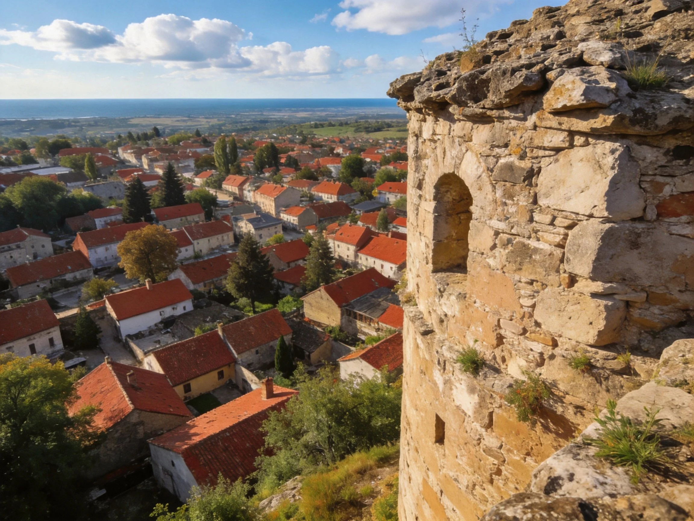 Ancient stone tower overlooks village of red-tiled rooftops