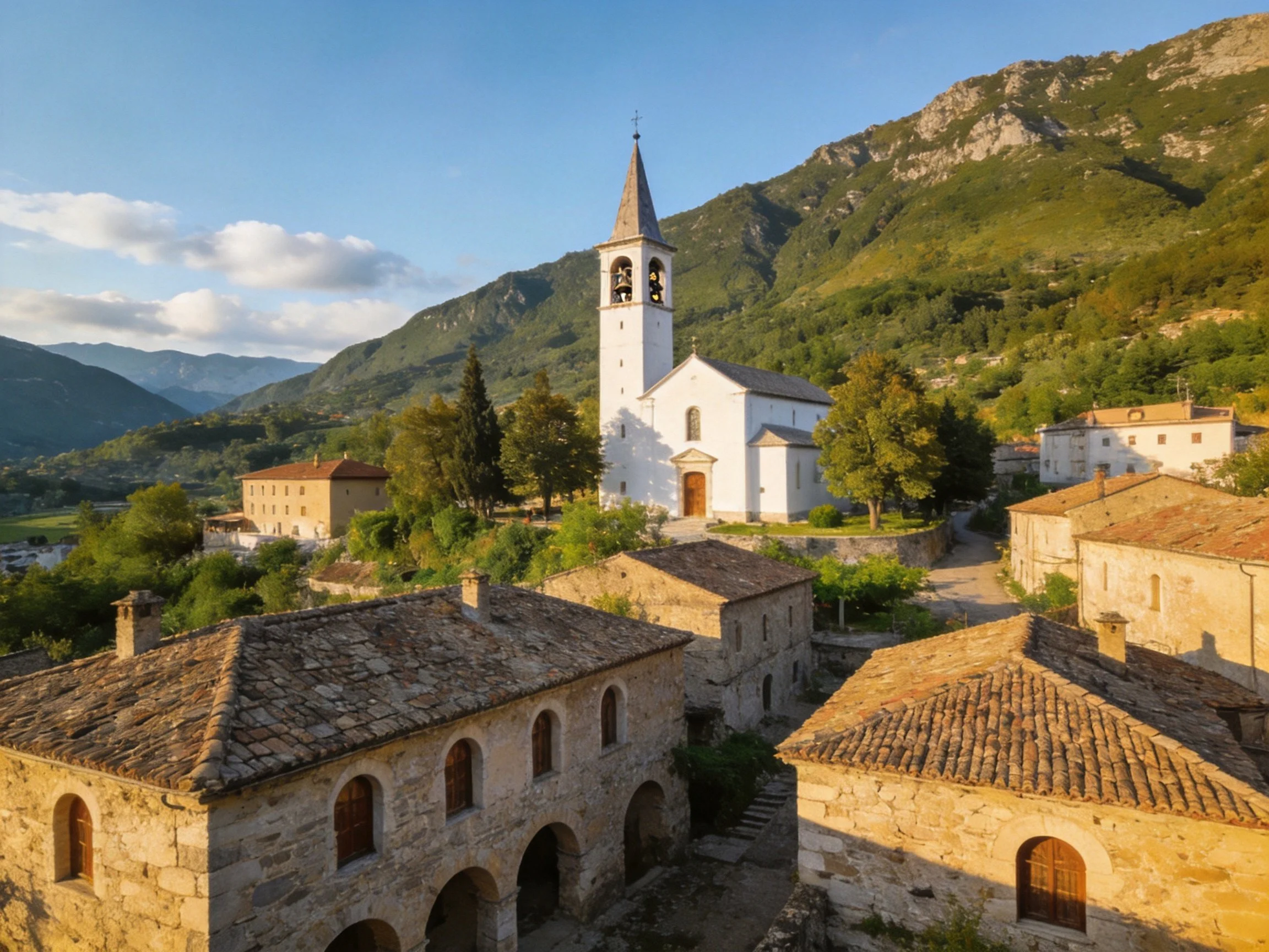 Ancient stone village with white church and mountain backdrop