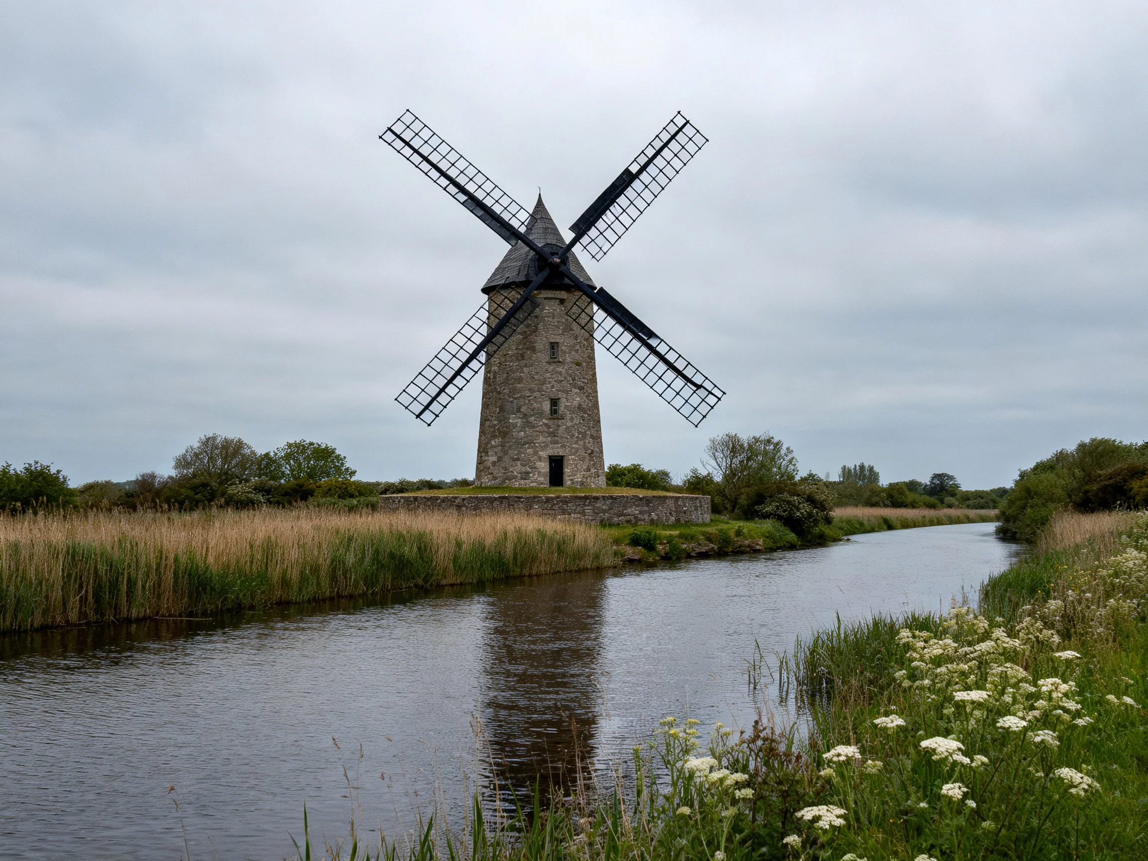 Ancient stone windmill beside calm waterway under gray skies