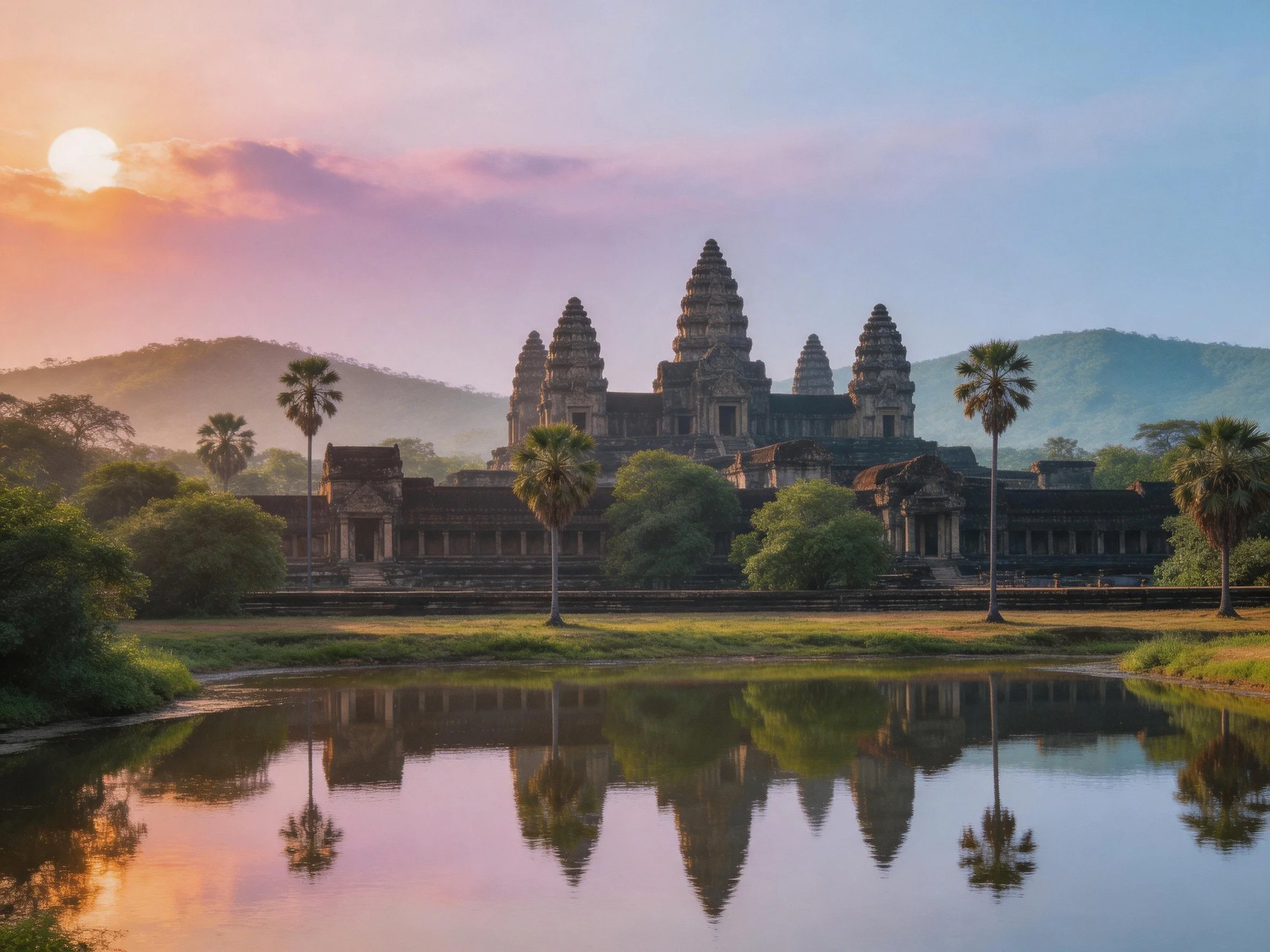 Ancient temple complex reflected in calm waters at dawn