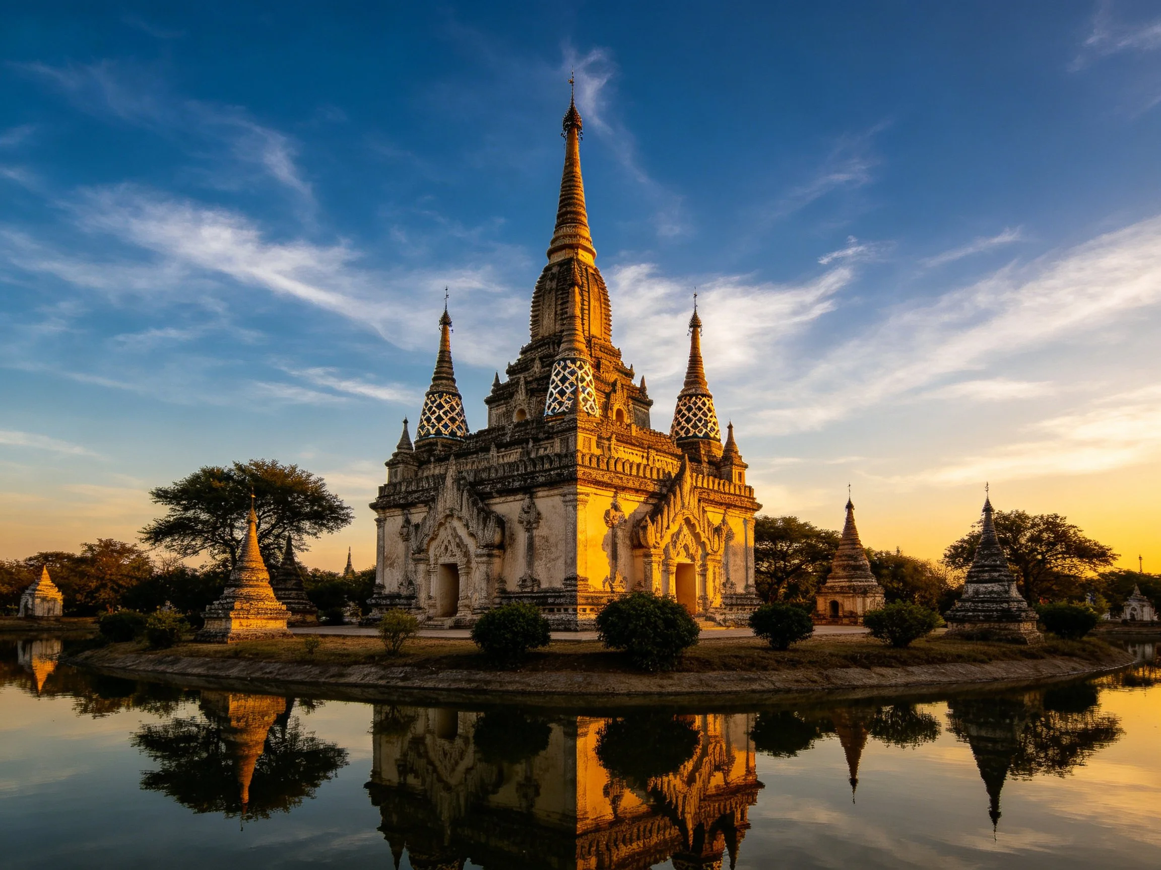 Ancient temple complex with multiple spires reflecting in water at sunset