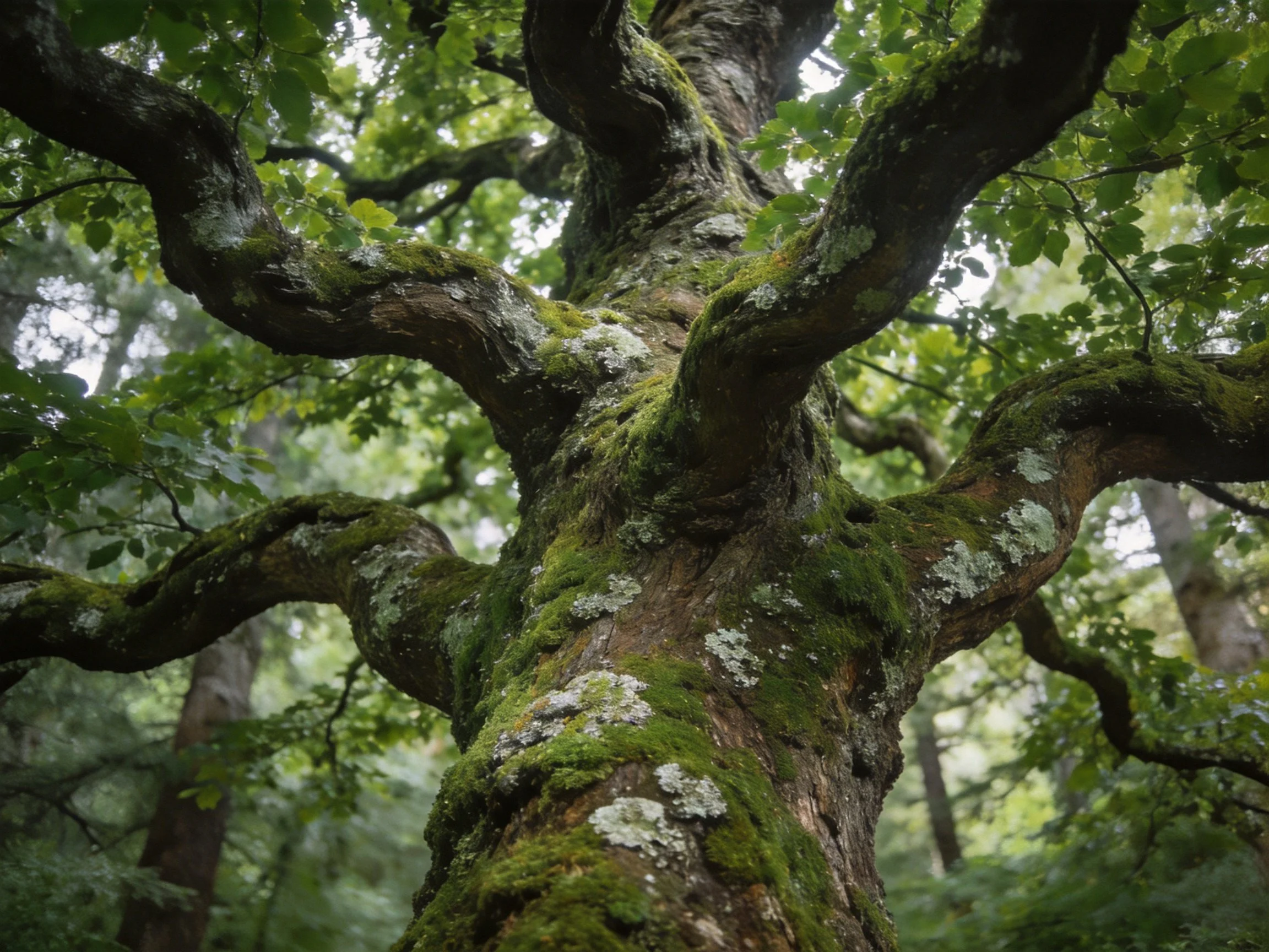 Ancient tree trunk with moss and lichen in lush forest
