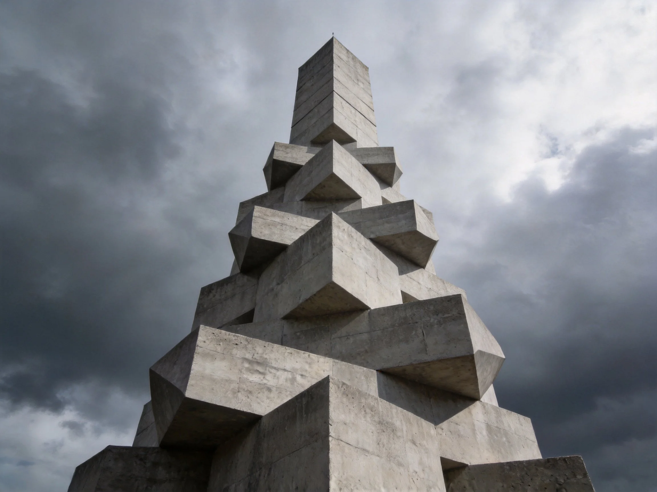 Angular Concrete Monument Under Stormy Gray Sky