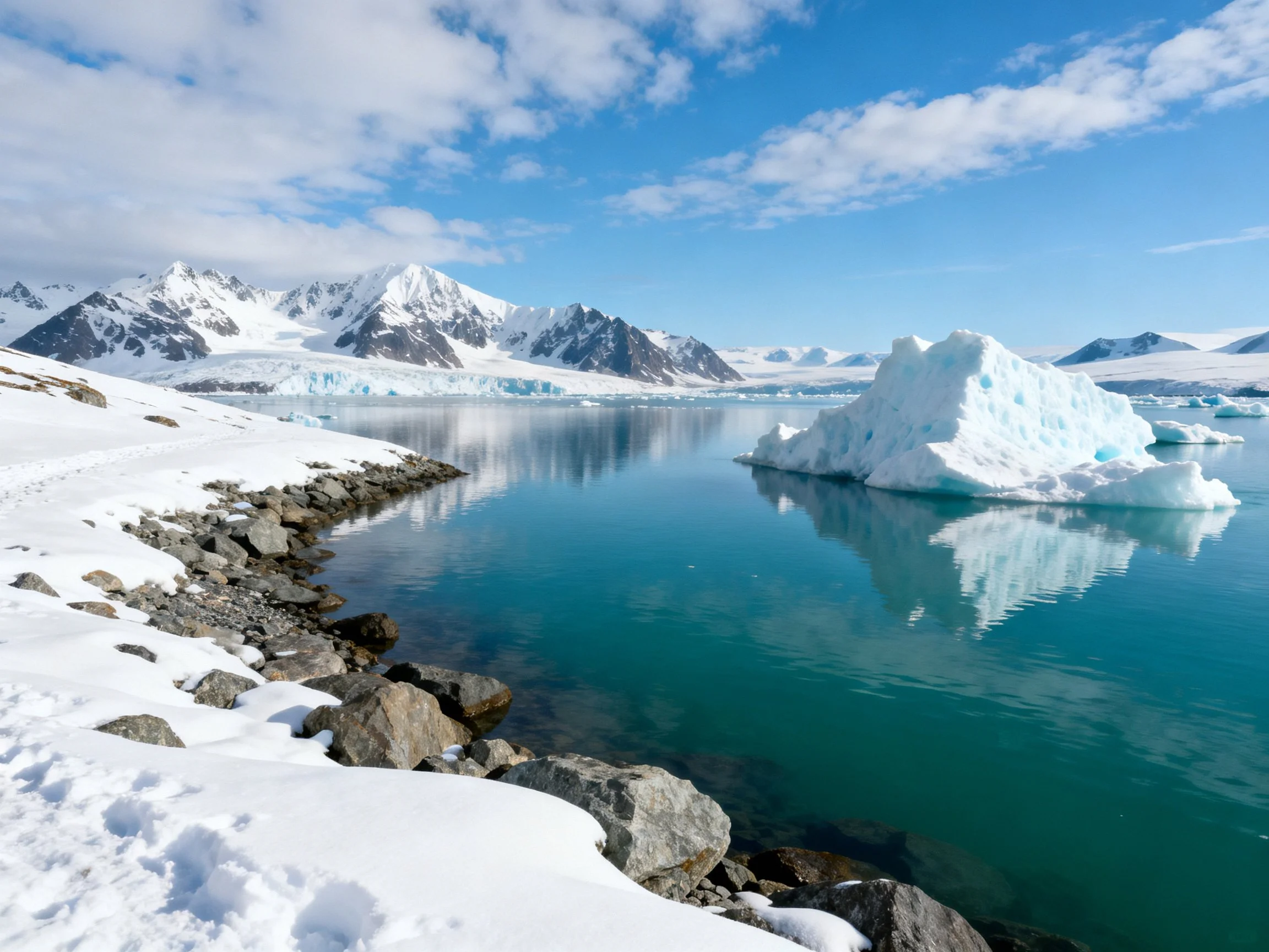 Antarctic coastal scene with icebergs, snowy mountains, and turquoise waters