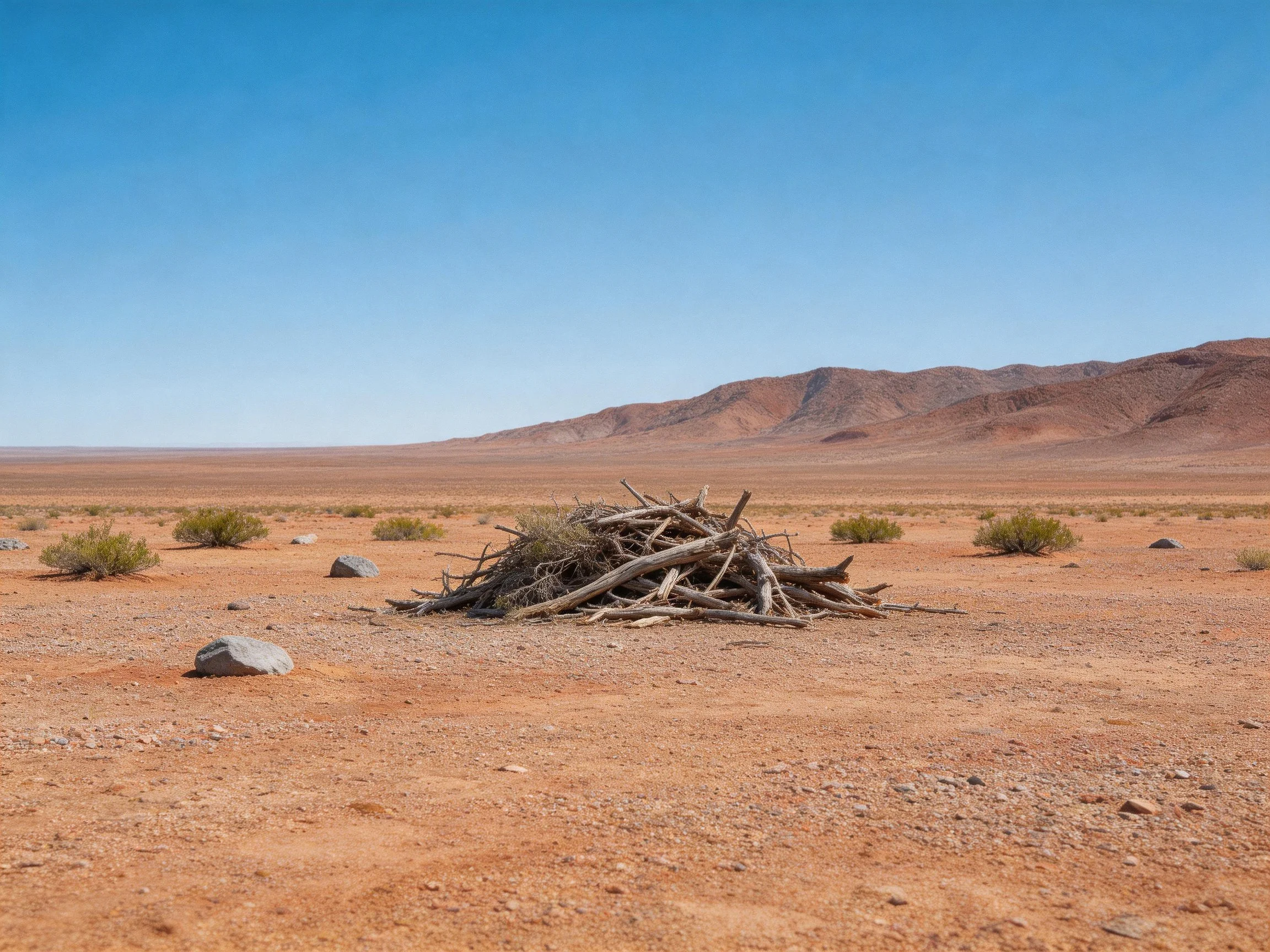 Arid desert landscape with central woodpile, scattered rocks, and distant brown hills