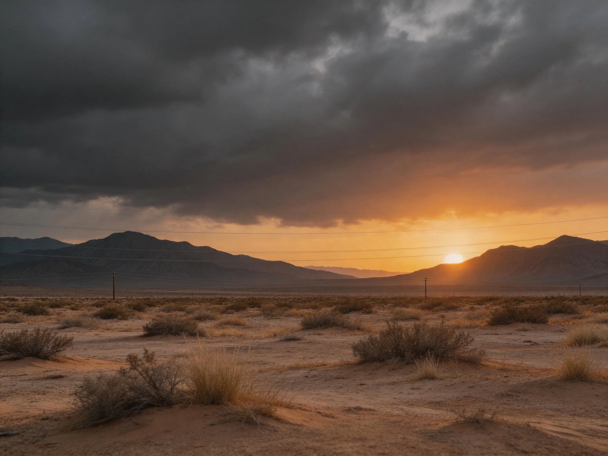Arid desert sunset with dark storm clouds and mountain backdrop