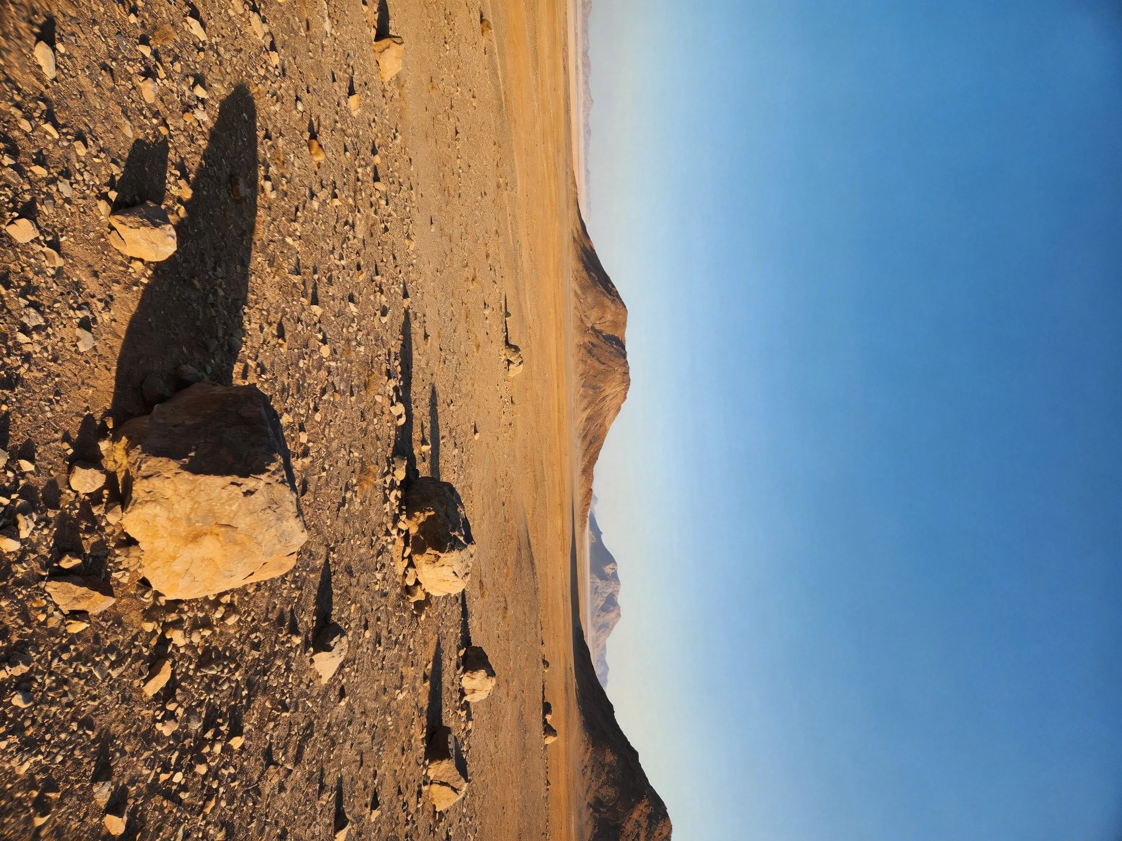 Arid landscape with scattered rocks, sandy ground, and distant mountains under clear blue sky