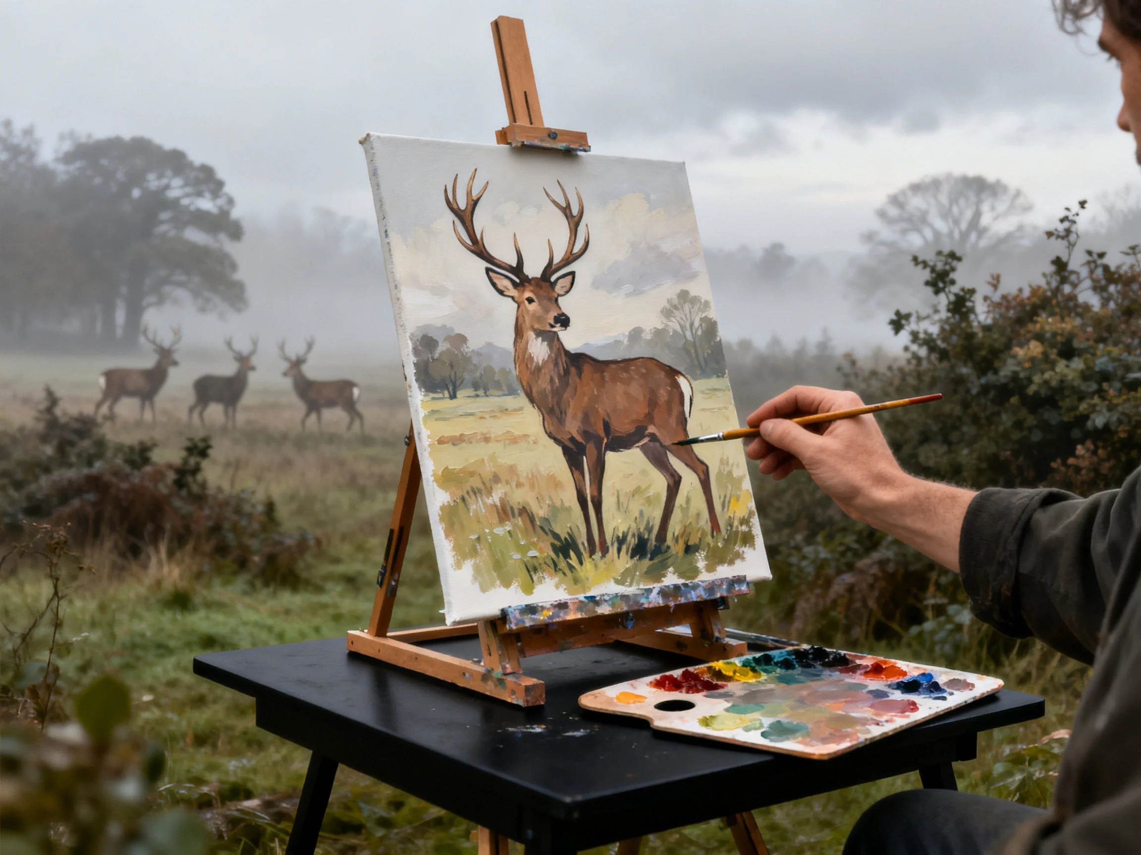 Artist paints deer on easel amid real deer in misty countryside