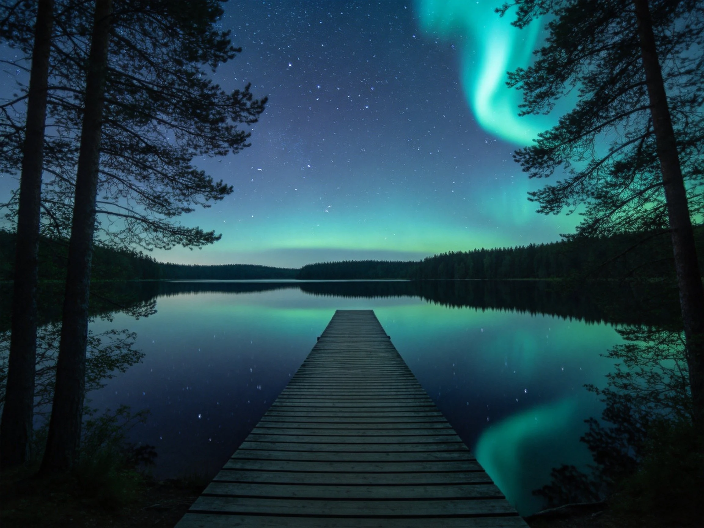 Aurora-lit Lake with Wooden Dock and Forest Under Starry Night