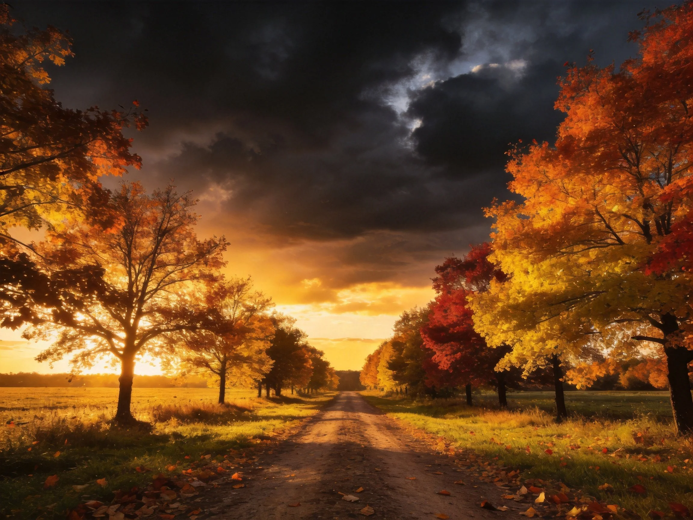 Autumn Dirt Road Under Dramatic Sunset Lined By Colorful Trees