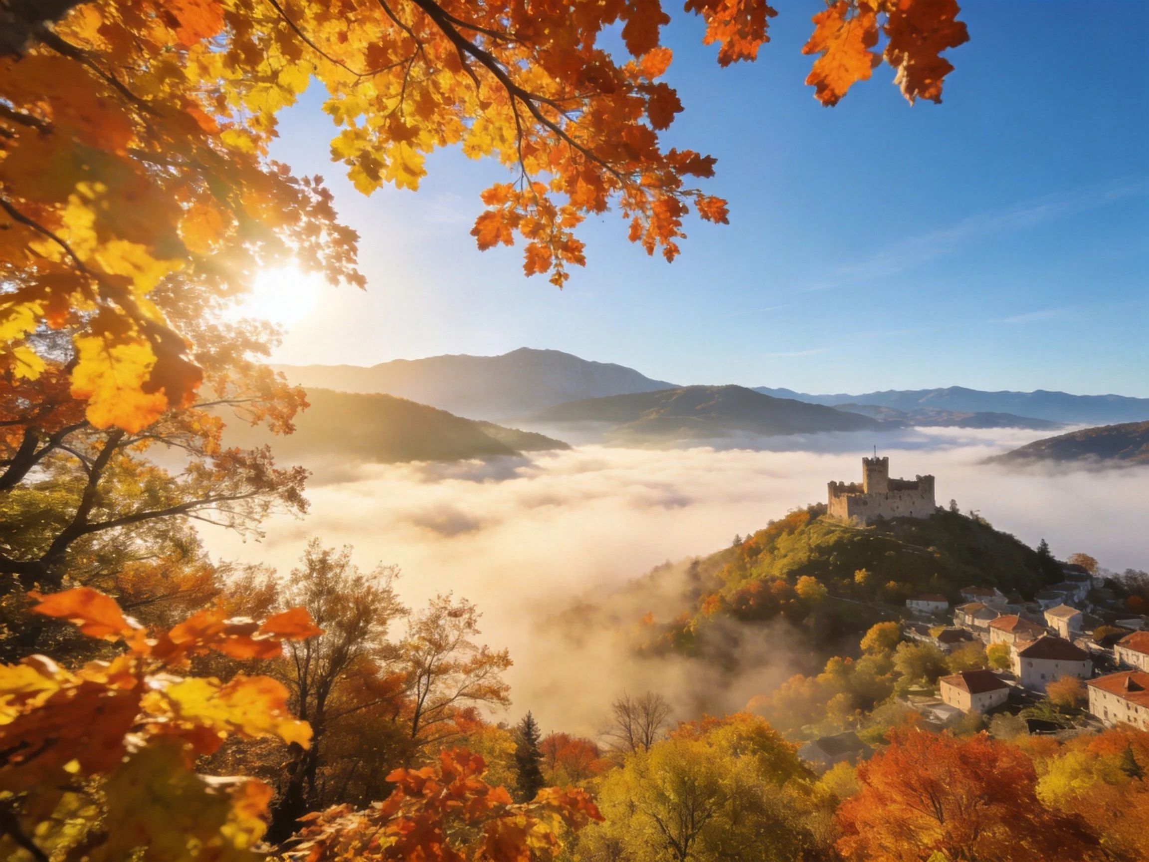 Autumn Foliage Frames Historic Castle Amid Mountain Fog