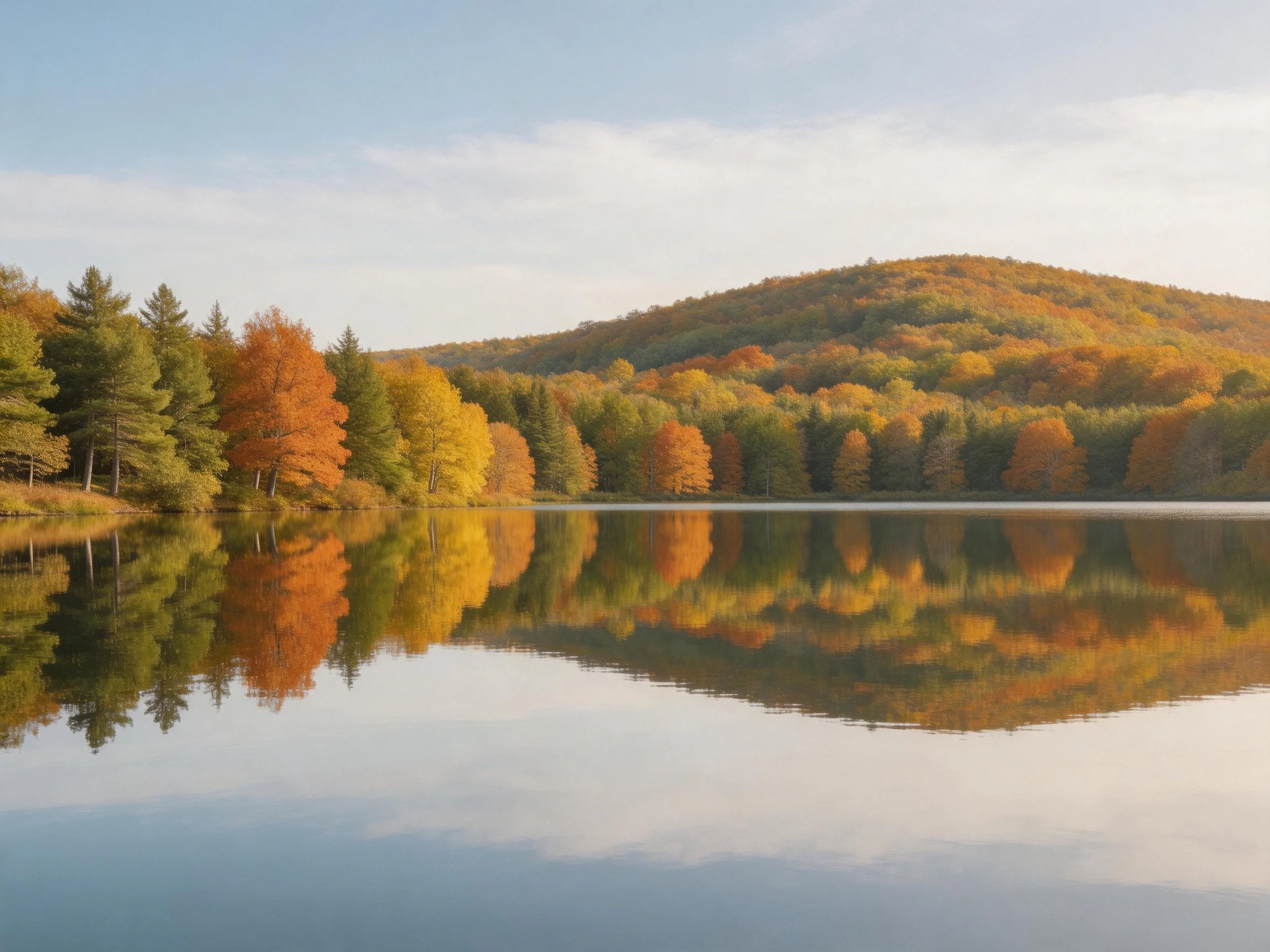 Autumn Foliage and Rolling Hill Reflected in Still Lake