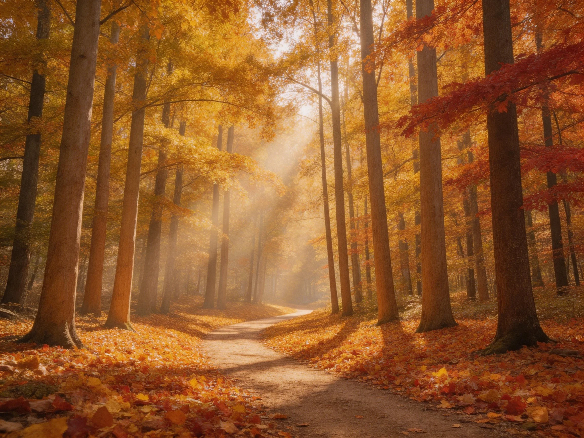 Autumn Forest Path With Golden and Red Leaves and Sunbeams
