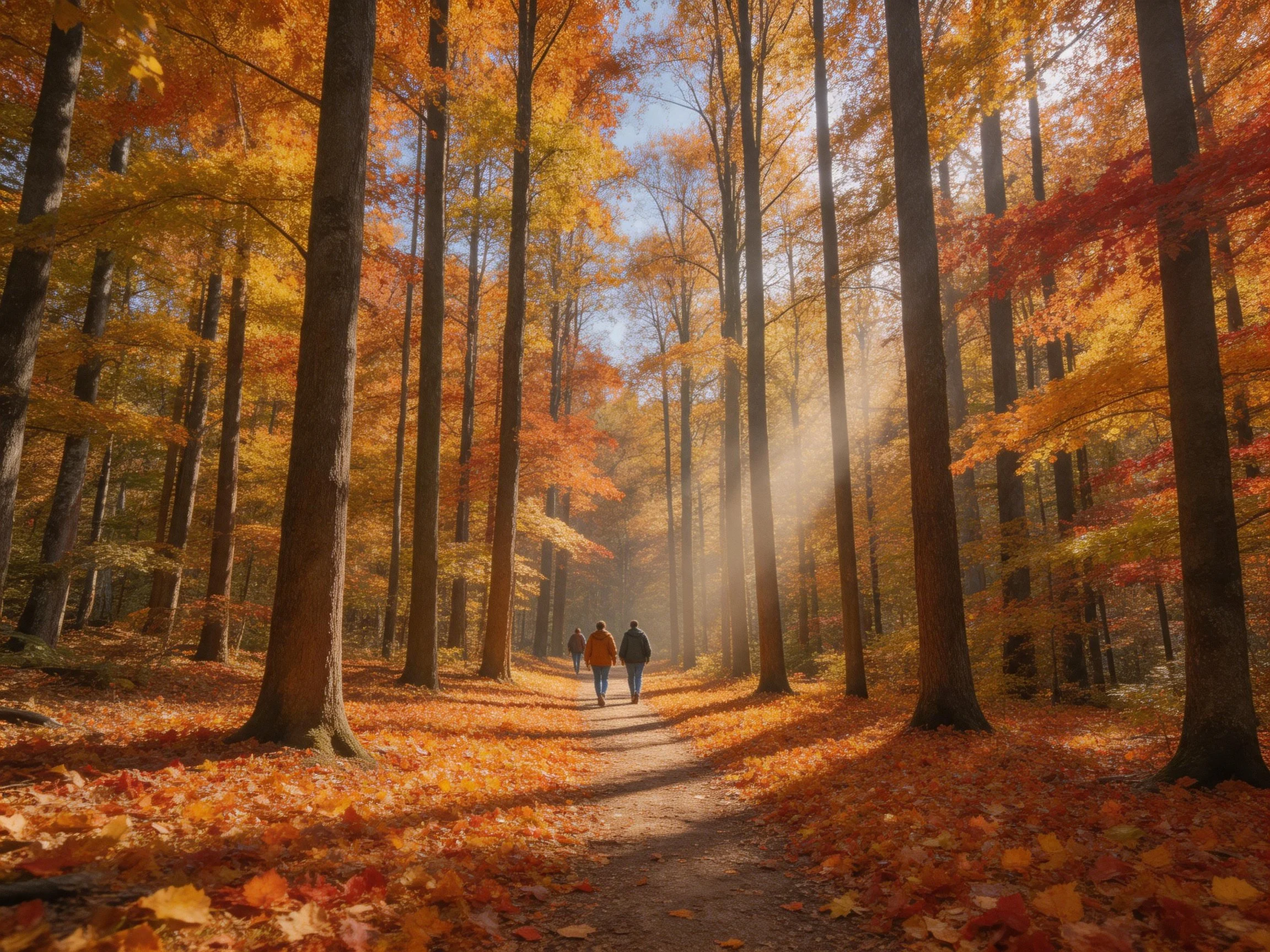 Autumn Forest Path with Golden Foliage and Sunlight