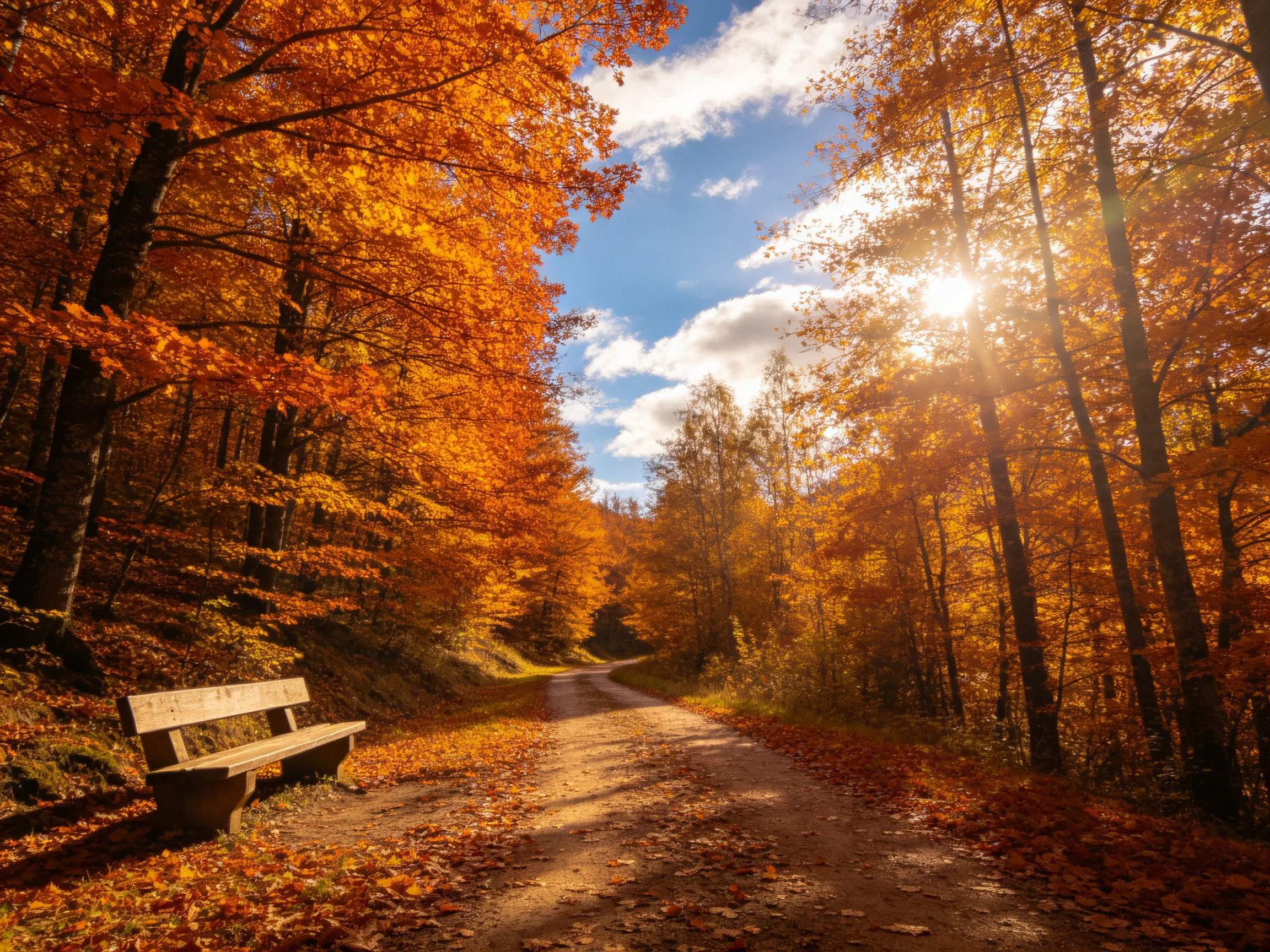Autumn Forest Path with Golden Foliage and Sunlight